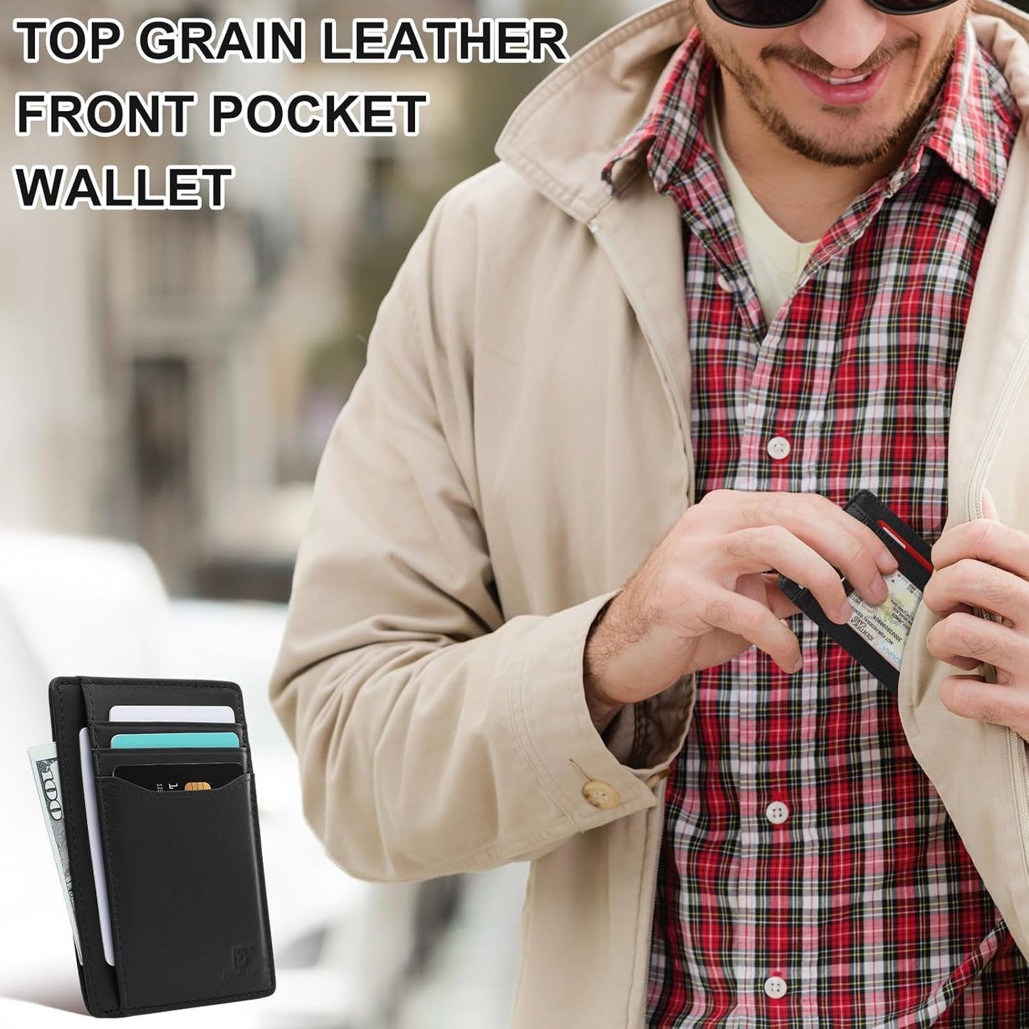 Pomelo Best Top Grain Genuine Leather Wallet for Men and Women, Slim Minimalist Front Pocket RFID Blocking Card Holder for Travel, Gifts, Black