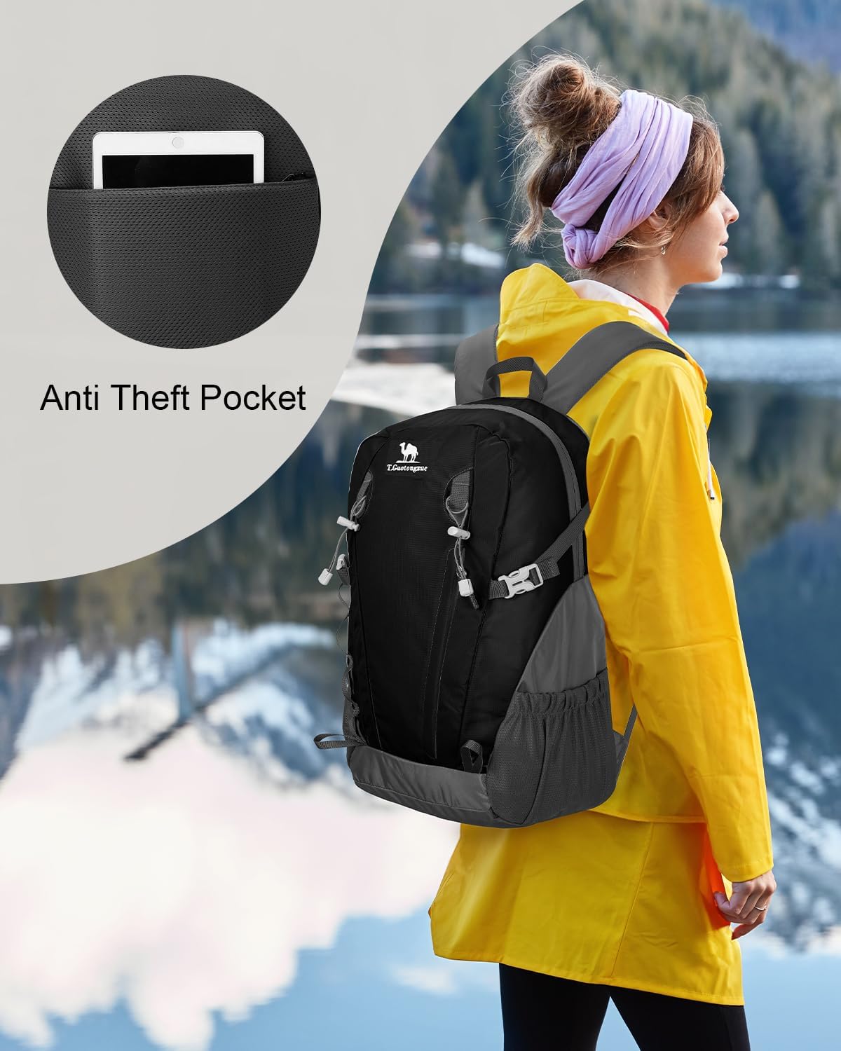 30L Small Waterproof Hiking Backpack with Chest Strap for Men, Lightweight Outdoor Backpack, Black