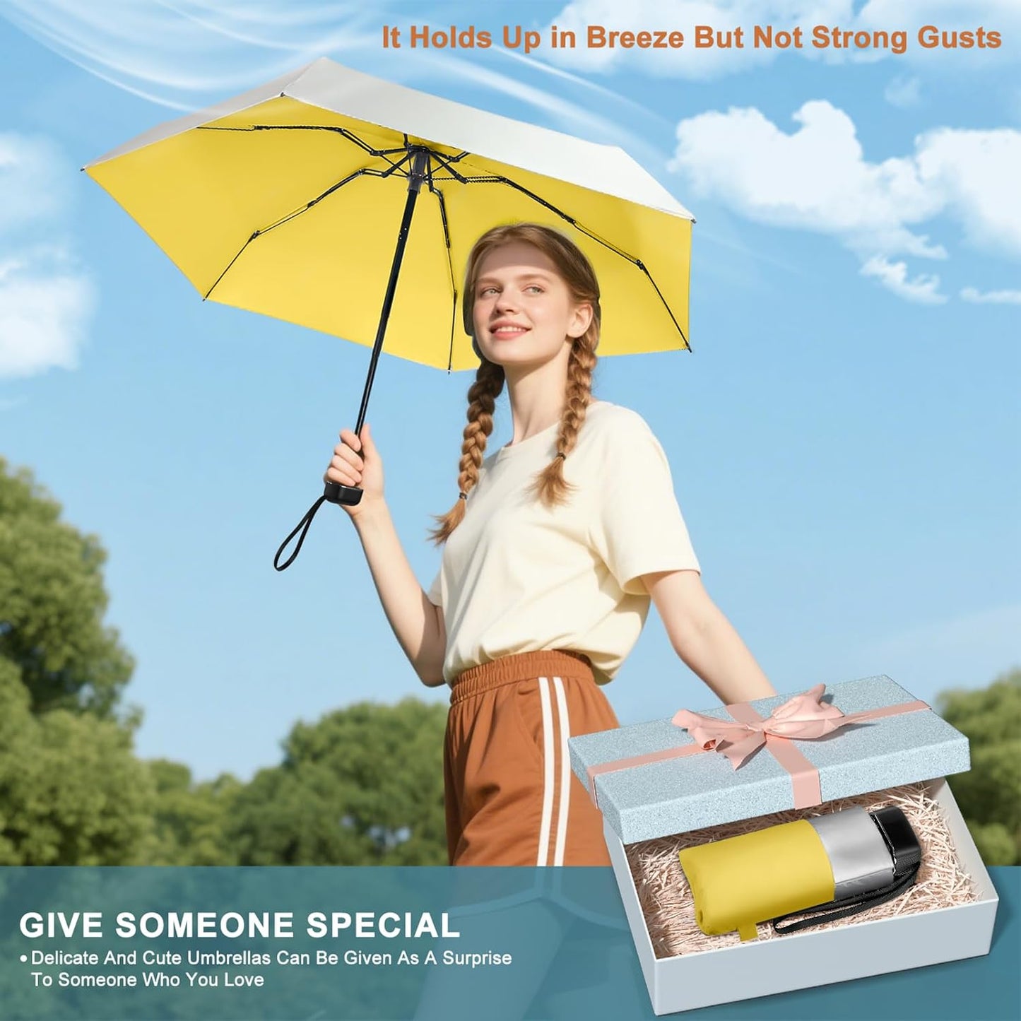 LEAGERA Mini Umbrella For Purse - UPF 50+ UV Blocker Sun Protection Umbrella, Small Micro Travel Parasol Design for Women,Yellow