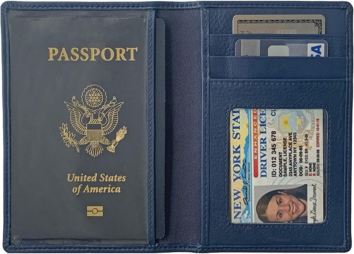 Personalized Monogrammed Navy Leather RFID Passport Wallet and 2 Luggage Tags