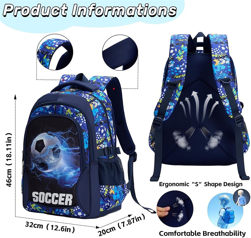 Kids Backpack for Boys Soccer School Backpacks Boy Spacious Laptop Bookbag Elementary Schoolbag Waterproof Durable (Blue)