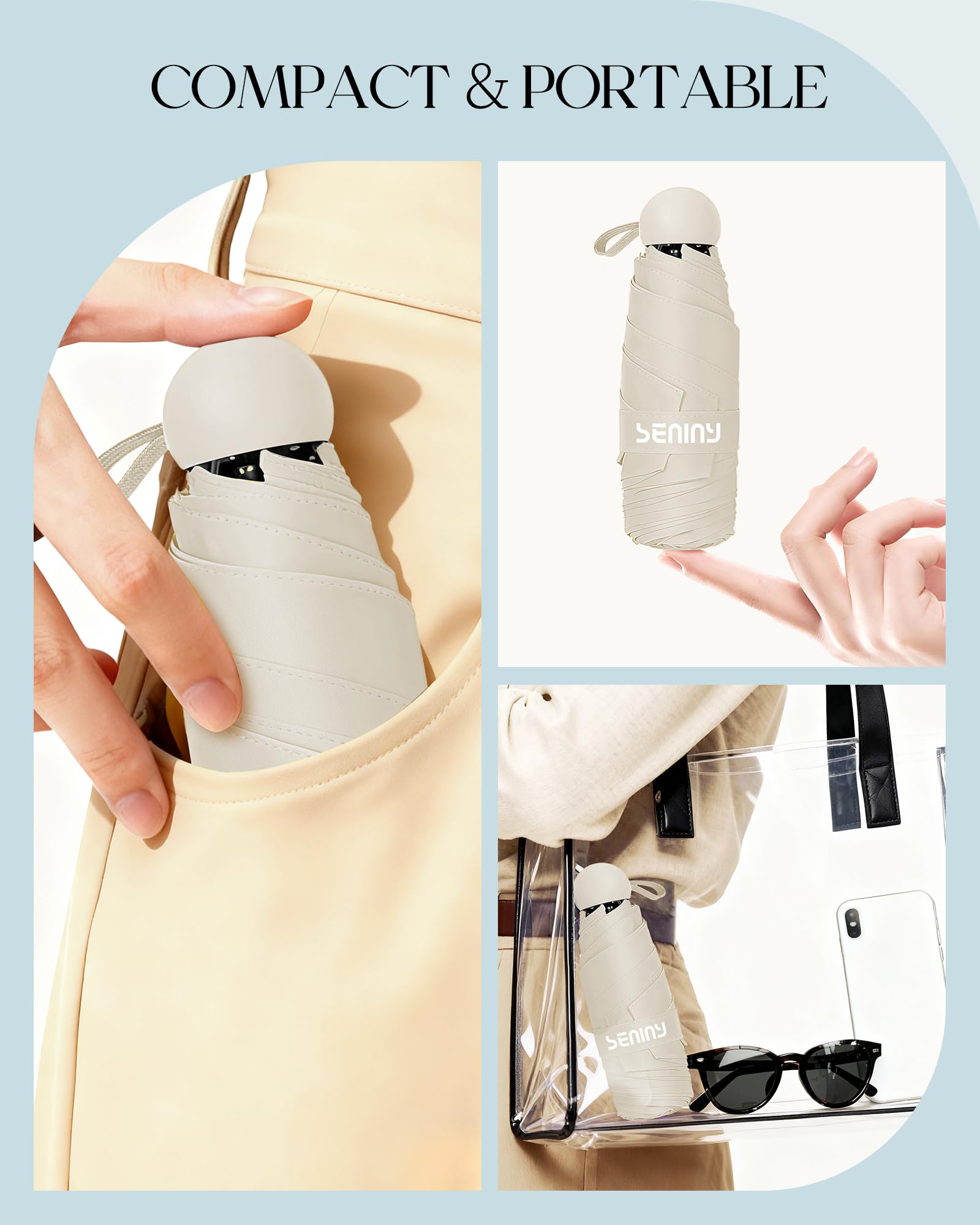 Seniny Mini Travel Umbrella with Case, Compact Pocket Size UV Sun & Rain