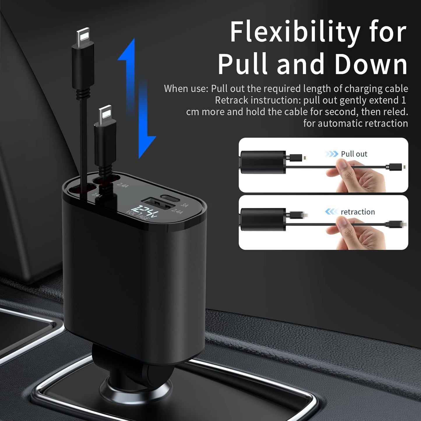 60W Fast Charging Car Charger for iPhone 16, 4-in-1 Retractable Phone Charger, Travel Essentials, Gifts for Women Men, Car Accessories for Women Men, for iPhone 16 15 14 13