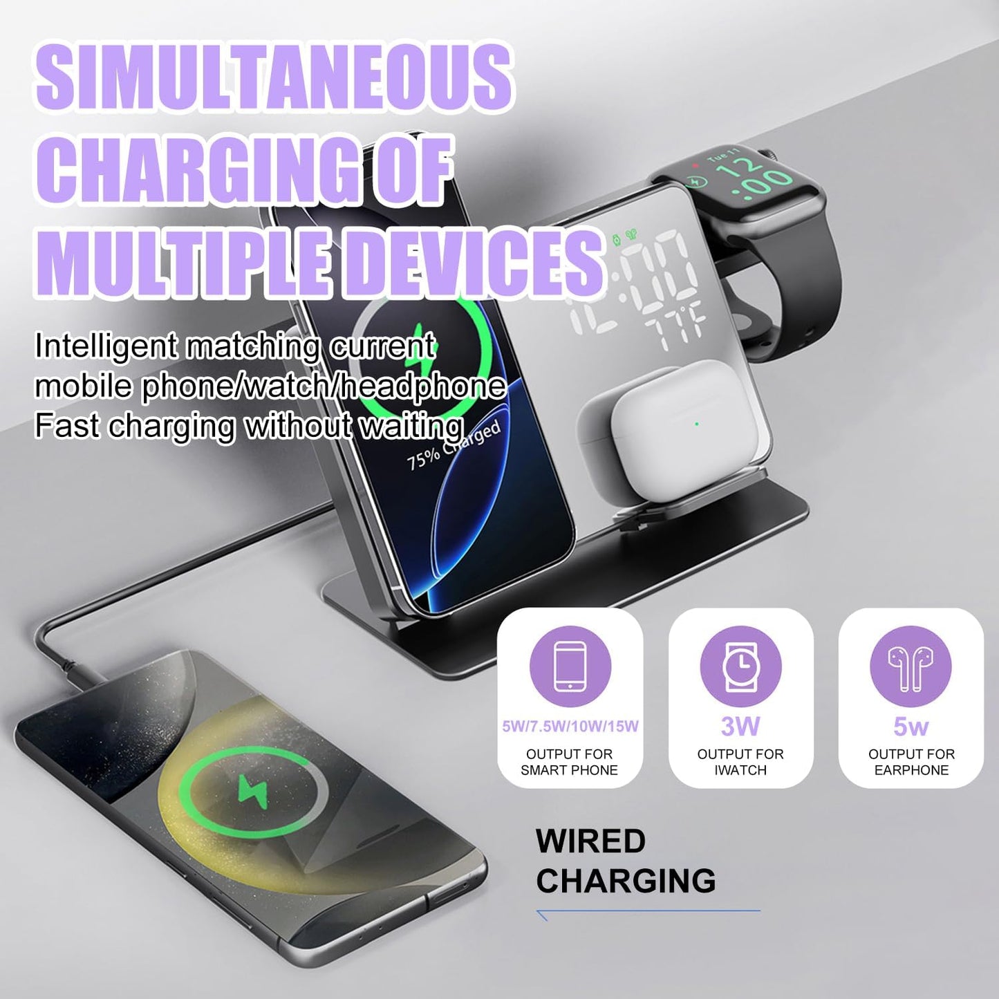 All-in-One Magnetic Charging Station with LED Alarm Clock, Temperature Display, and Makeup Mirror | Simultaneous Fast Charging for Smartphone, Smartwatch, Earbuds