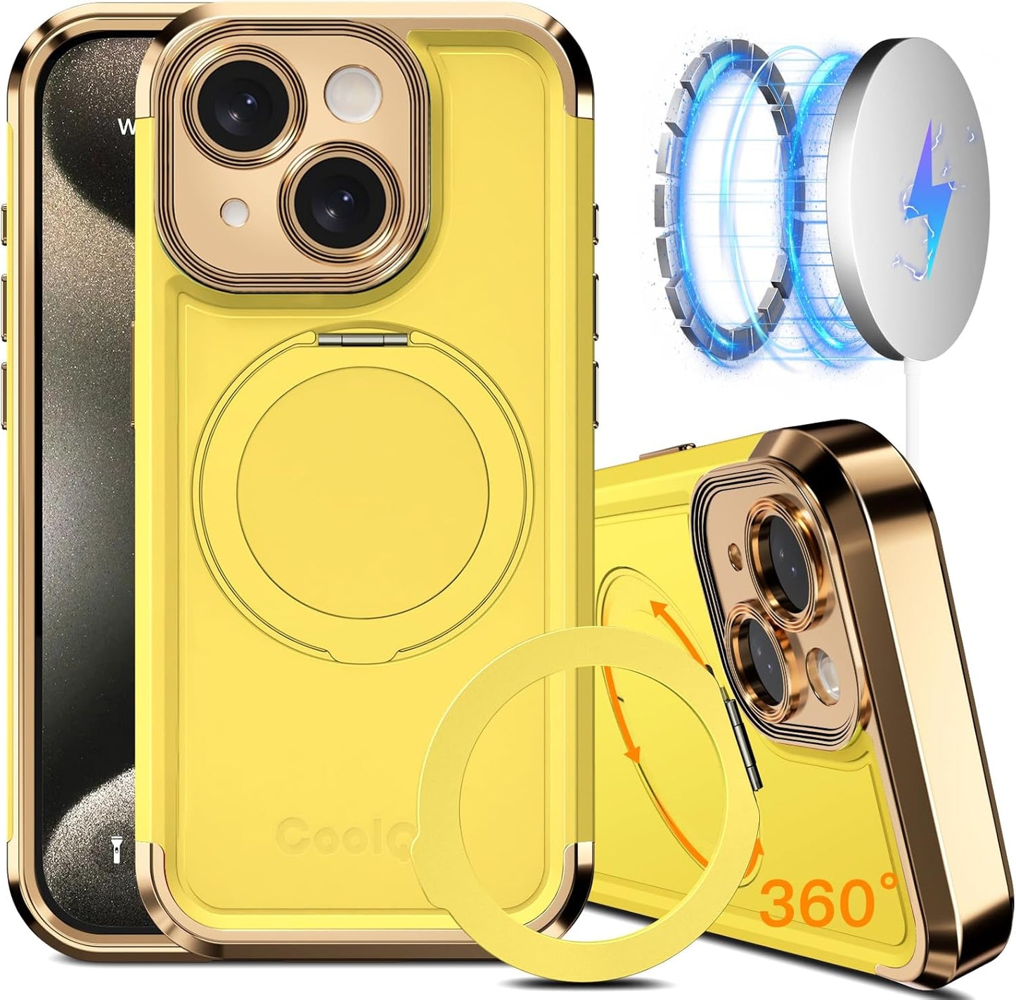 COOLQO for iPhone 14 Case 6.1'' Upgraded 360° Spin Magnetic Stand [Compatible with Magsafe][Military Grade Drop Protection] Shockproof Protective Phone Holder Cover for iPhone 14, Yellow Gold