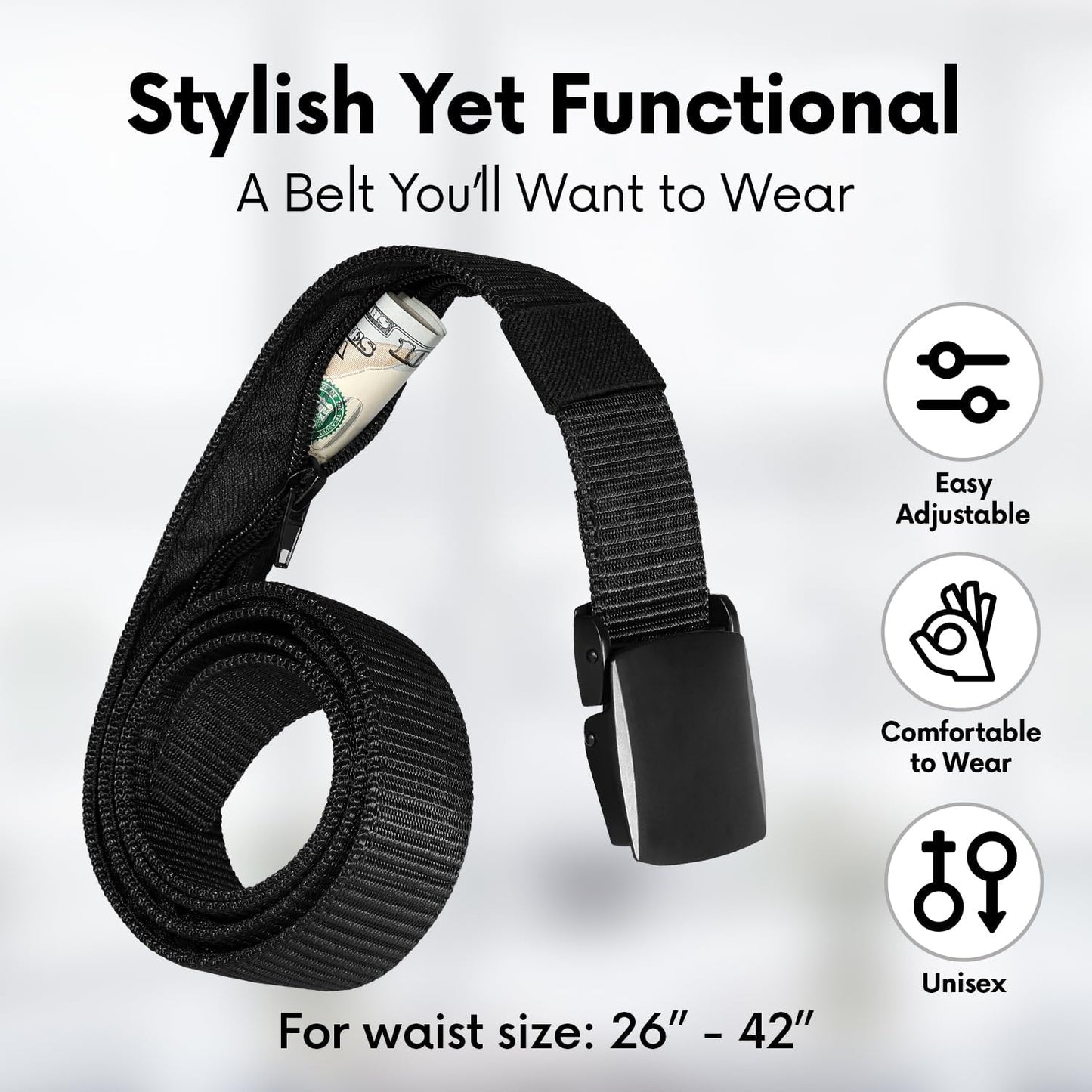 SP HOME GOODS Travel Money Belt with Hidden Money Pocket, Nylon Military Tactical Mens with Zinc Alloy Buckle- Black