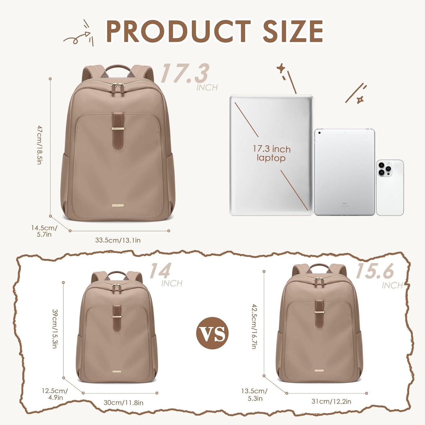 Laptop Backpack for Women,Casual Work Business Backpacks Purse Carry on Travel Backpack,17.3 Inch,Brown