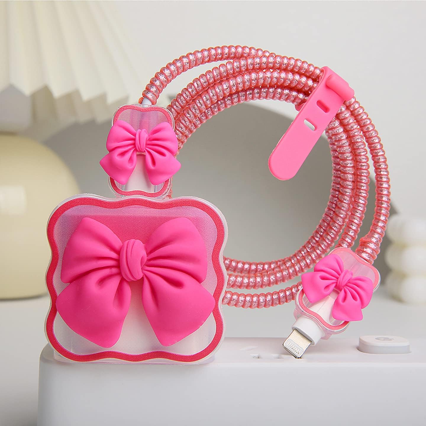 Compatible with iPhone 18W/20W USB-C Charger Cover Cute 3D Bow Tie Design Clear Soft Charger Protector Kawaii Cable Saver for iPhone 11 12 13 14 Pro Max Fast Power Adapter, Rose 2 (5in1)