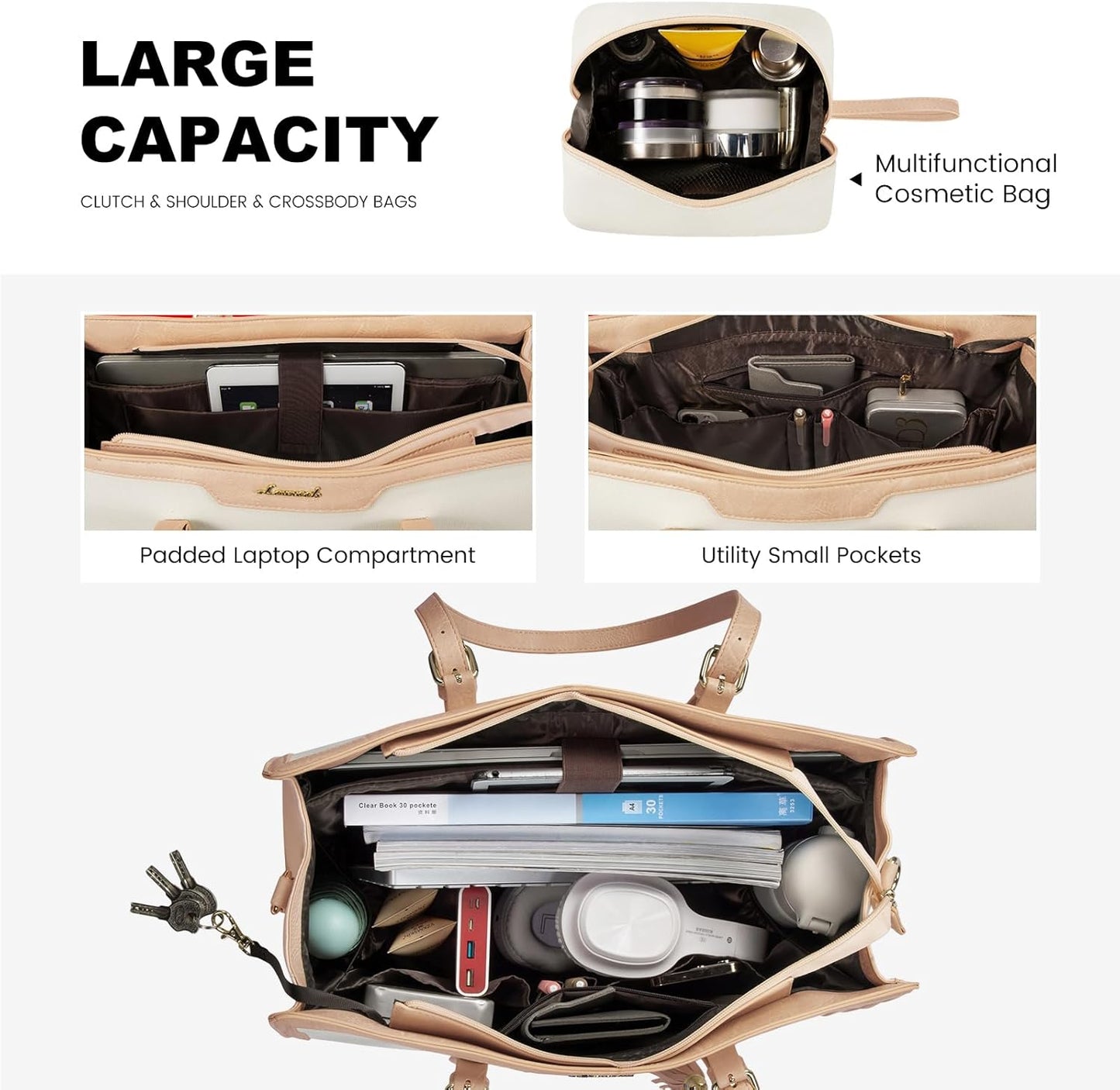 LOVEVOOK Laptop Bag for Women 15.6 inch Lightweight Canvas Laptop Tote Bag, Large Capacity Computer bag with Clutch Purse for Business, Work, Office, Travel, School（Pearl White & Beige，15.6 Inch）