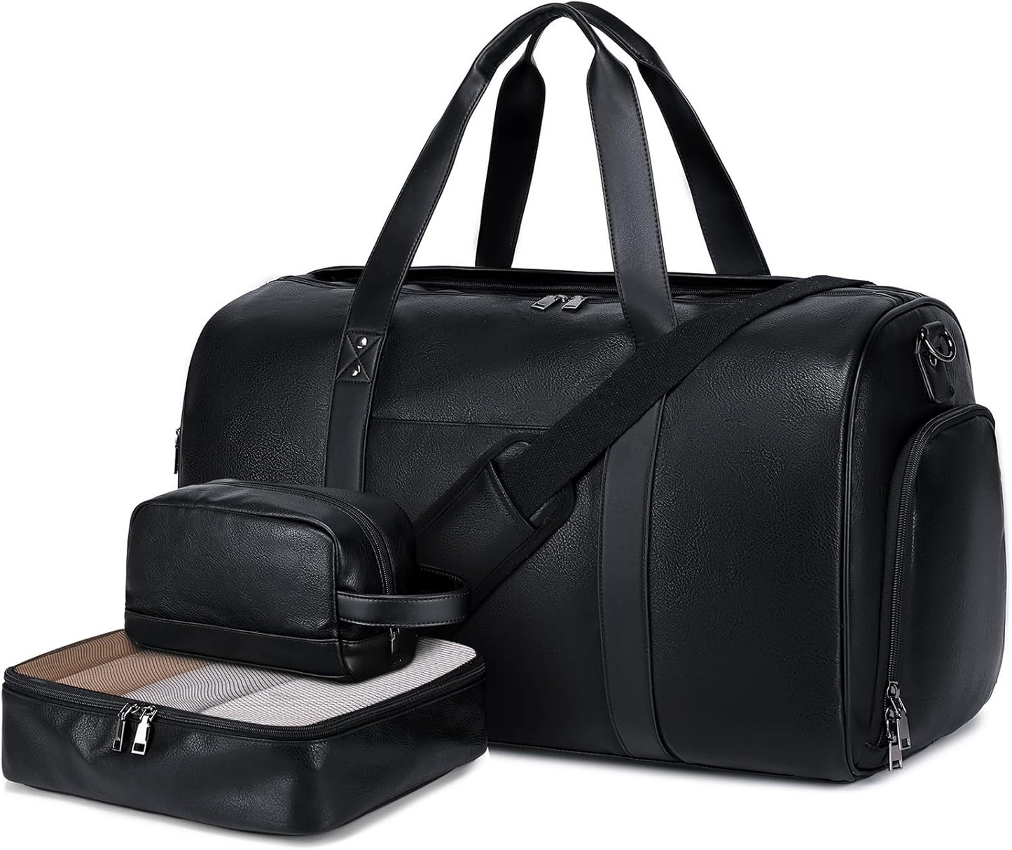Wogarl 3PCS Leather Weekender Bag for Women Men: Large Overnight Travel Duffel Bags with Shoe Compartment Toiletry Packing Cube Carry On Tote Fit 21"(Black)