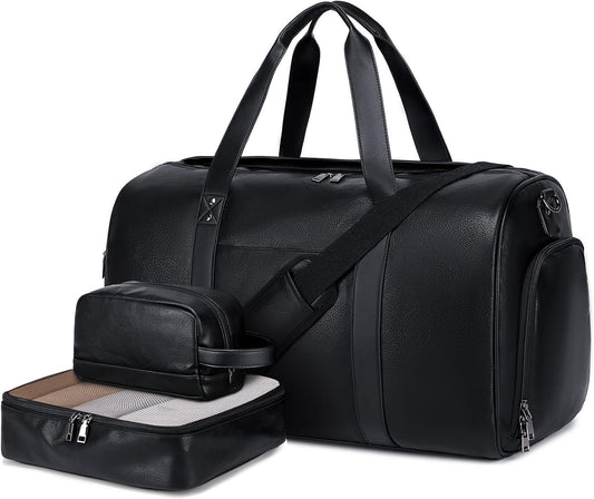 Wogarl 3PCS Leather Weekender Bag for Women Men: Large Overnight Travel Duffel Bags with Shoe Compartment Toiletry Packing Cube Carry On Tote Fit 21"(Black)