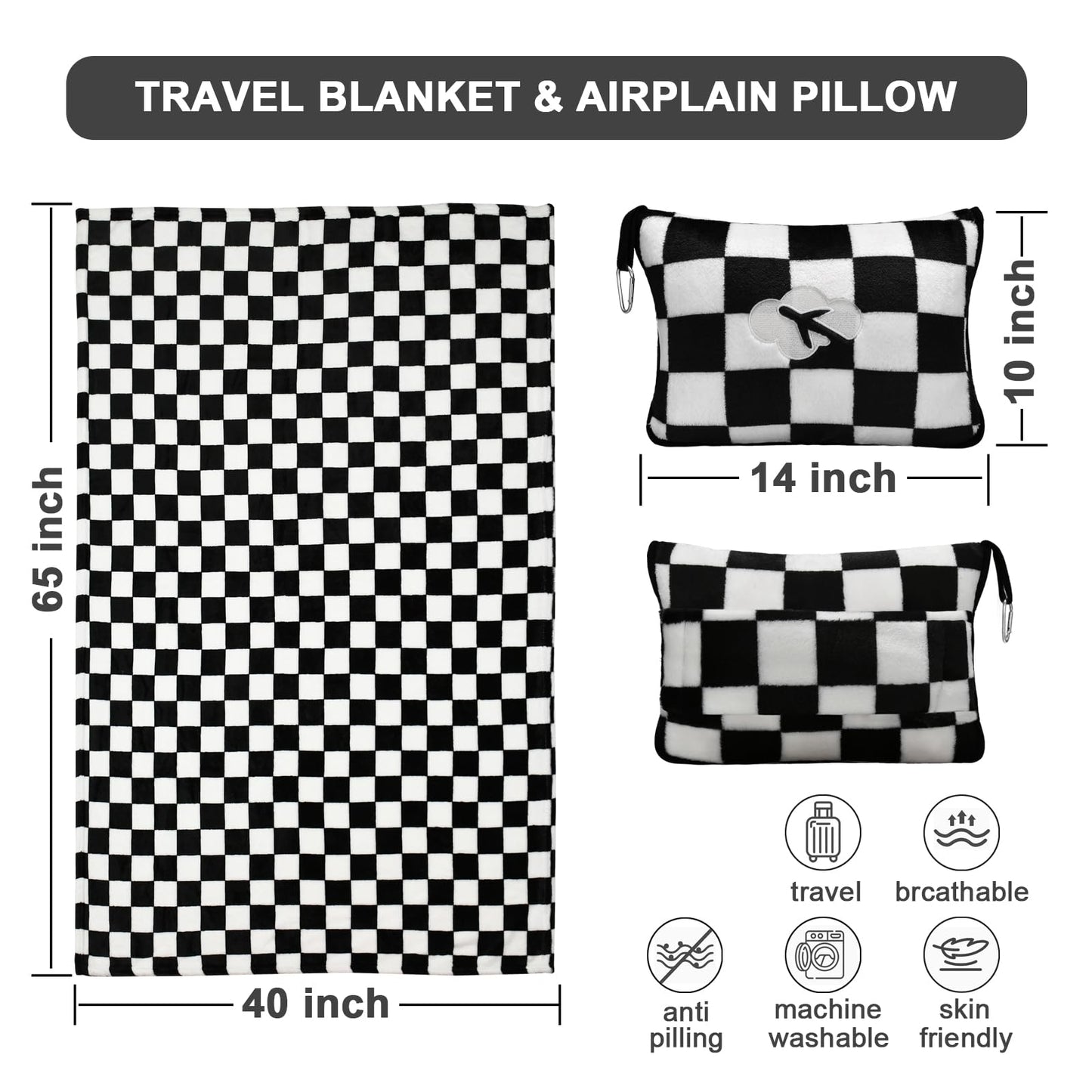 Travel Blanket and Pillow Compact, Premium Soft 2 in 1 Airplane Blanket with Soft Bag