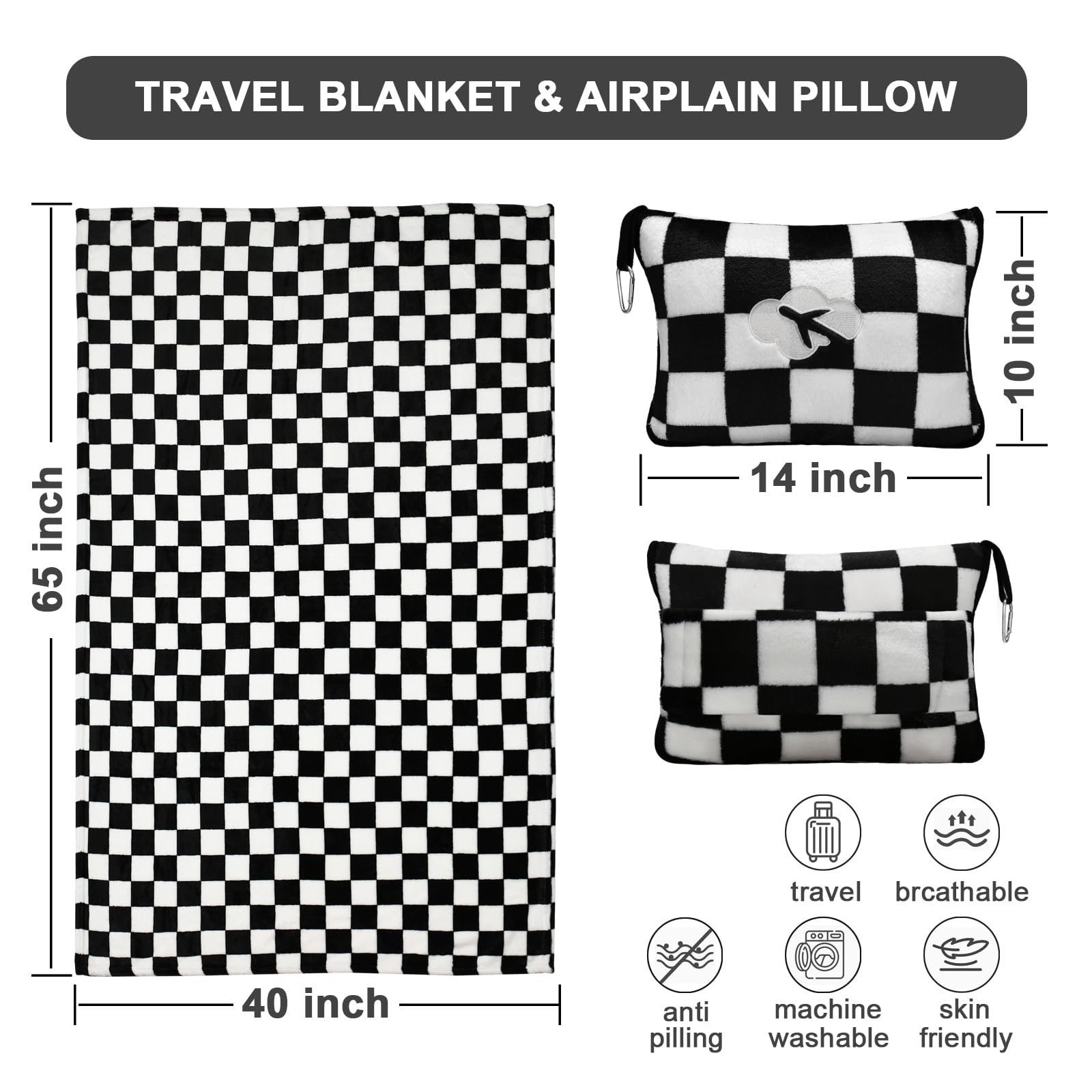 Travel Blanket and Pillow Compact, Premium Soft 2 in 1 Airplane Blanket with Soft Bag