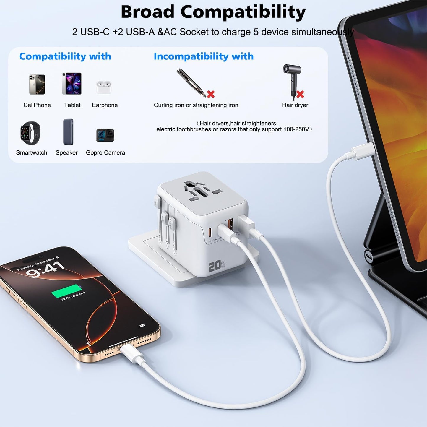 2Pack Universal Travel Adapter, International Travel Plug Adapter with 2 USB-C(PD 20W) & 2 USB-A Ports 3FT Type C Cable Cord,All in One Portable Adaptor for USA, UK, EU, AU & 224+ Countries (White) US