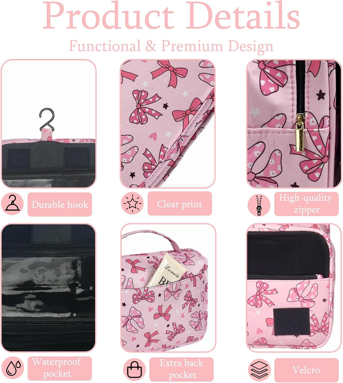 Crazy Bison Pink Bows Hanging Travel Toiletry Bag Kit Makeup Bag Cosmetics Organizer for Men Women (Pink Bows)