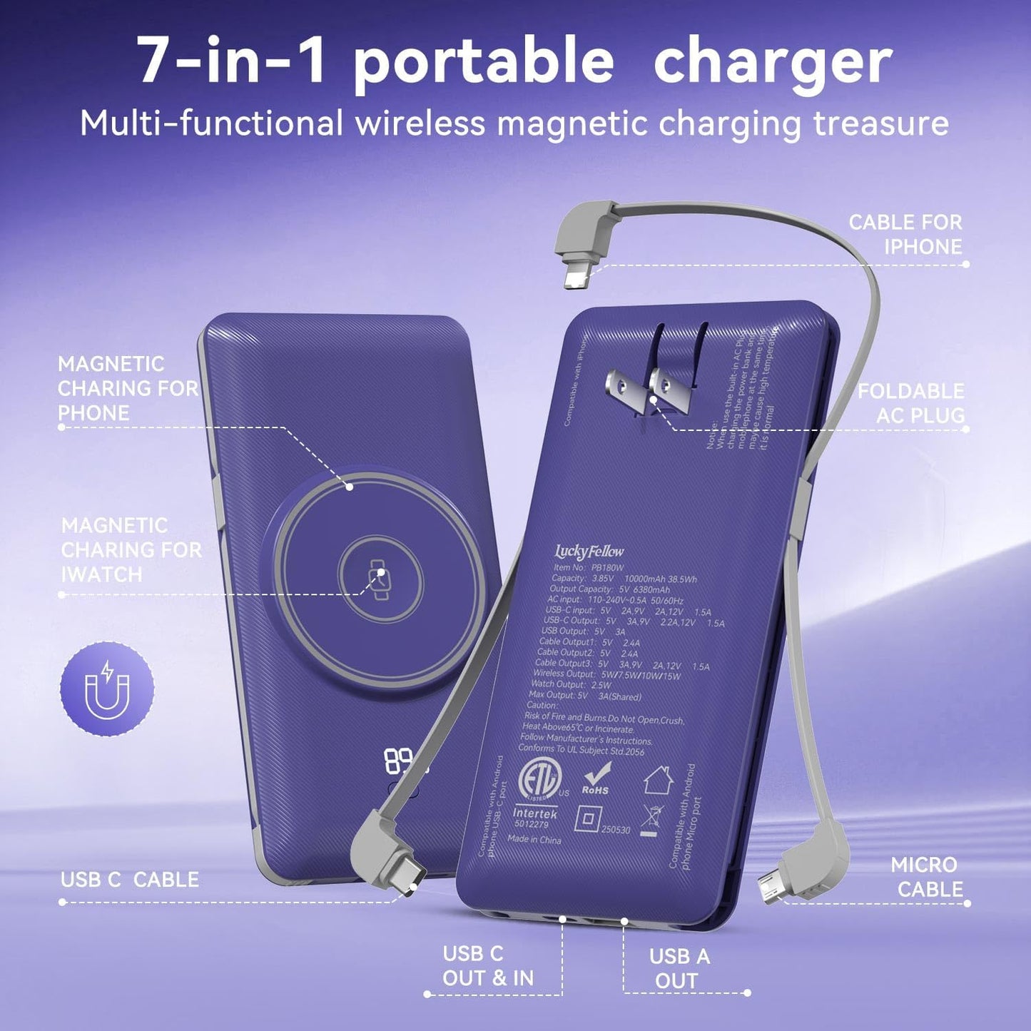 Magnetic 10000mAh Portable Charger for iWatch & iPhone, 22.5W USB C Fast Charging Wireless Power Bank Built-in Cables and Wall Plug, External Travel Battery Pack Compatible with iOS Android Devices