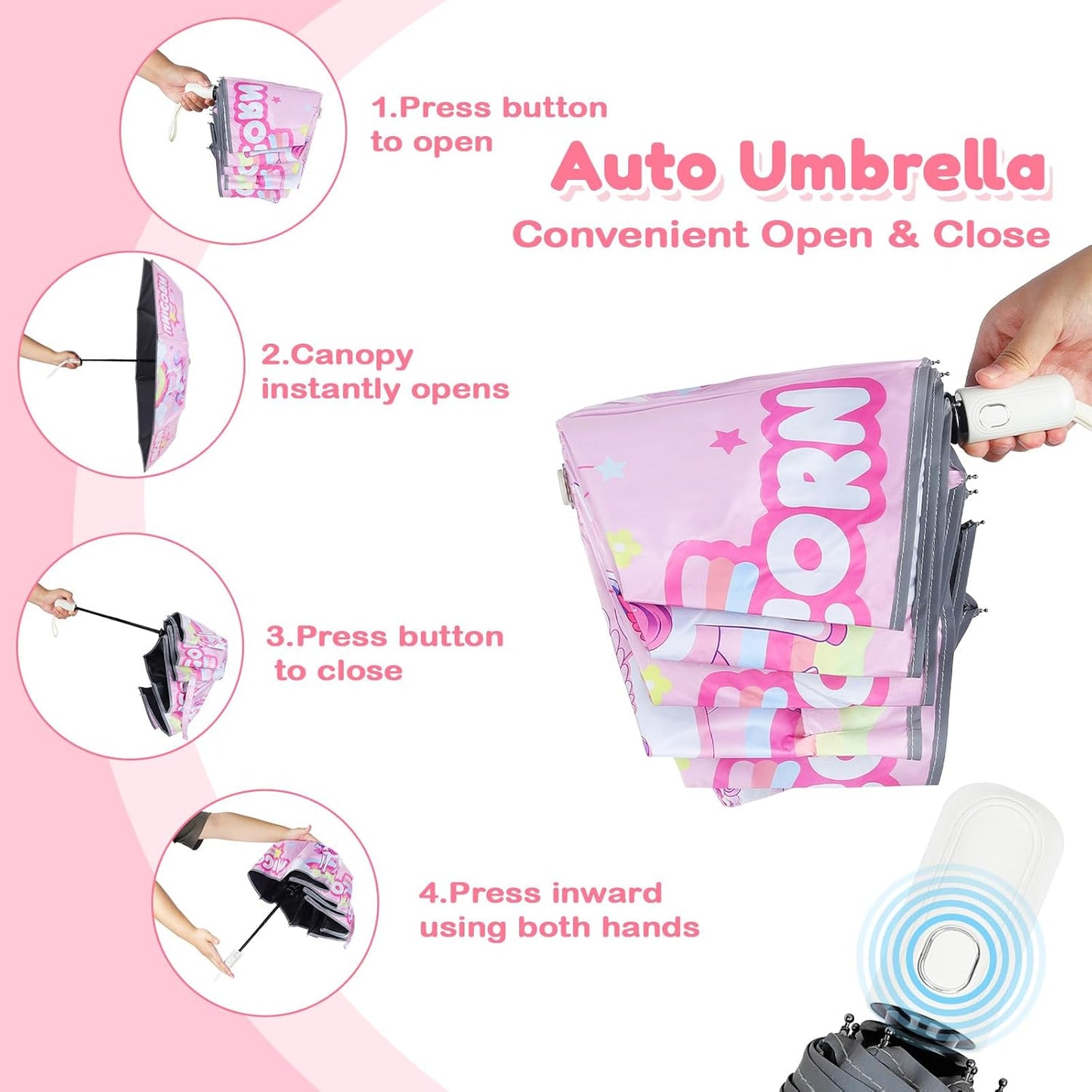 Autoamtic Kids Umbrella UV Resistant, Folding Compact Umbrella 360° Reflective Strip for Travel Outdoor, Lightweight Cute Kids Parasol Anti-rebound Safe for Toddler