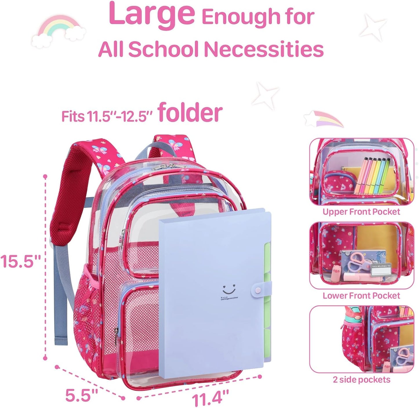 Bagseri Clear Backpack for Girls - 15 Inch Clear Bookbag for Kids Aged 3 to 8 Heavy Duty Transparent Backpack for School, Cute See Through Bag with Reflective Strip, Rose Pink Butterfly