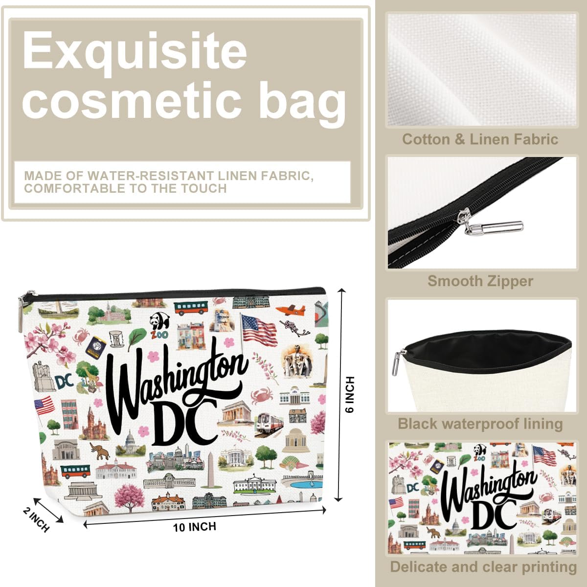 Washington DC Themed Makeup Bag washington dc Souvenirs Gift for Women, Best Friend, Sister - Travel Friendly Cosmetic Bag, Birthday Christmas Present