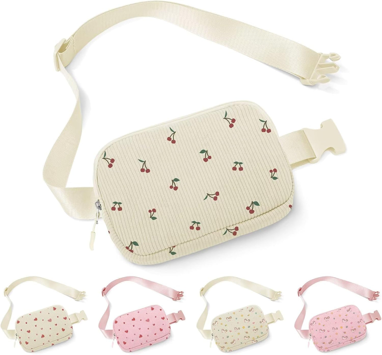 YOOLIFE Cherry Fanny Pack for Girls - Purse for Teen Girls Kids Belt Bag Crossbody Bag Fashion Waist Pack Travel Hiking Cycling Running (Beige)