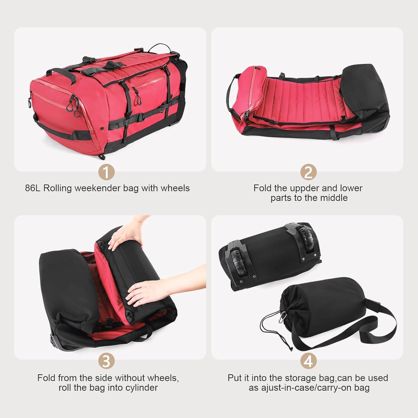Rolling Duffle Bag with Wheels,86L 30”Folding Duffle Backpack with 2 Wheels,Travel Bag with