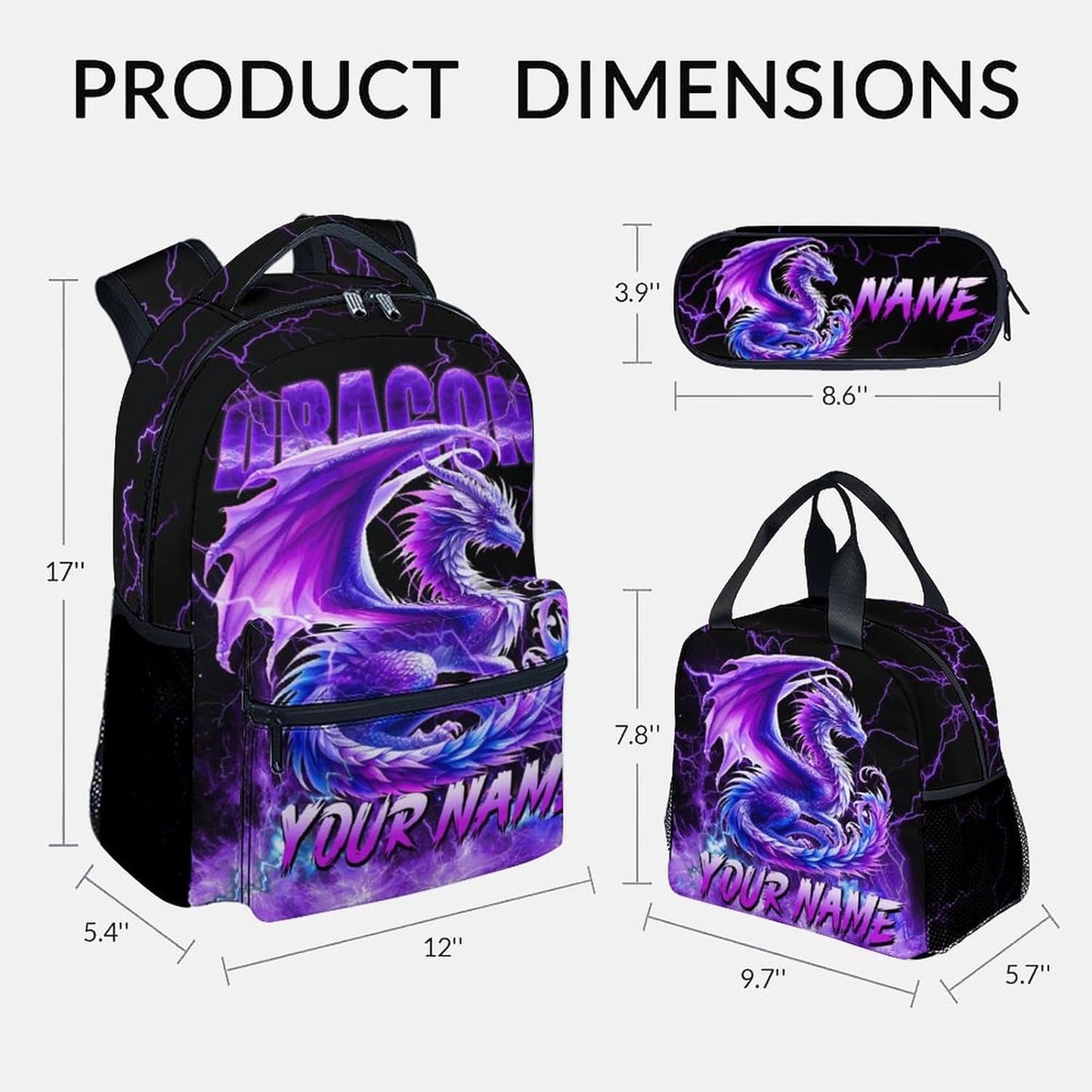 Personalized Kids Backpack with Lunch Box, Dragon Backpack for Girls Boys, 17 Inch Custom School Bag Set for Primary, Large Capacity School Supplies