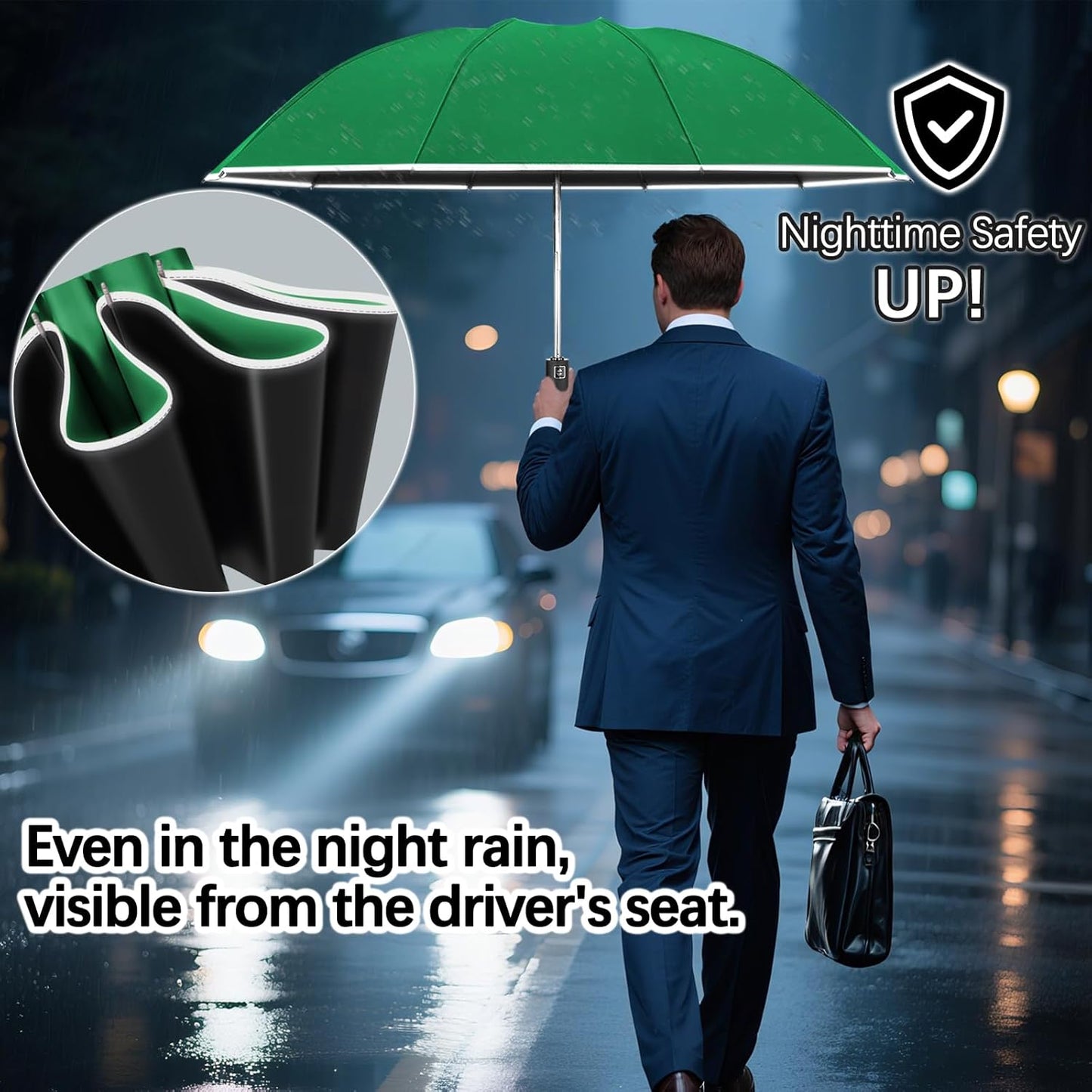 Travel Umbrella for Rain, Automatic Folding Windproof Umbrella with Case - Compact Reverse with 360° Reflective Stripe, Light & Portable Durable for Women & Men