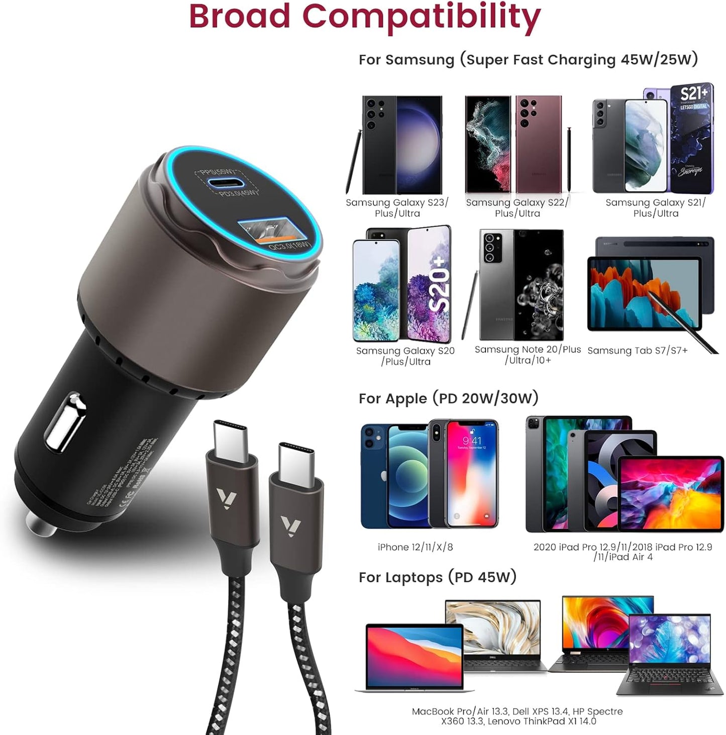 VELOGK Super Fast Type C Car Charger [73W Turbo], Fast Adaptive 55W 45W PPS/PD&QC3.0 USB C Car Adapter[Super Fast Charging 2.0] for Samsung S25 Ultra/S24 Ultra/S23 Ultra/S22+/S21/S20,iPad Pro,MacBook