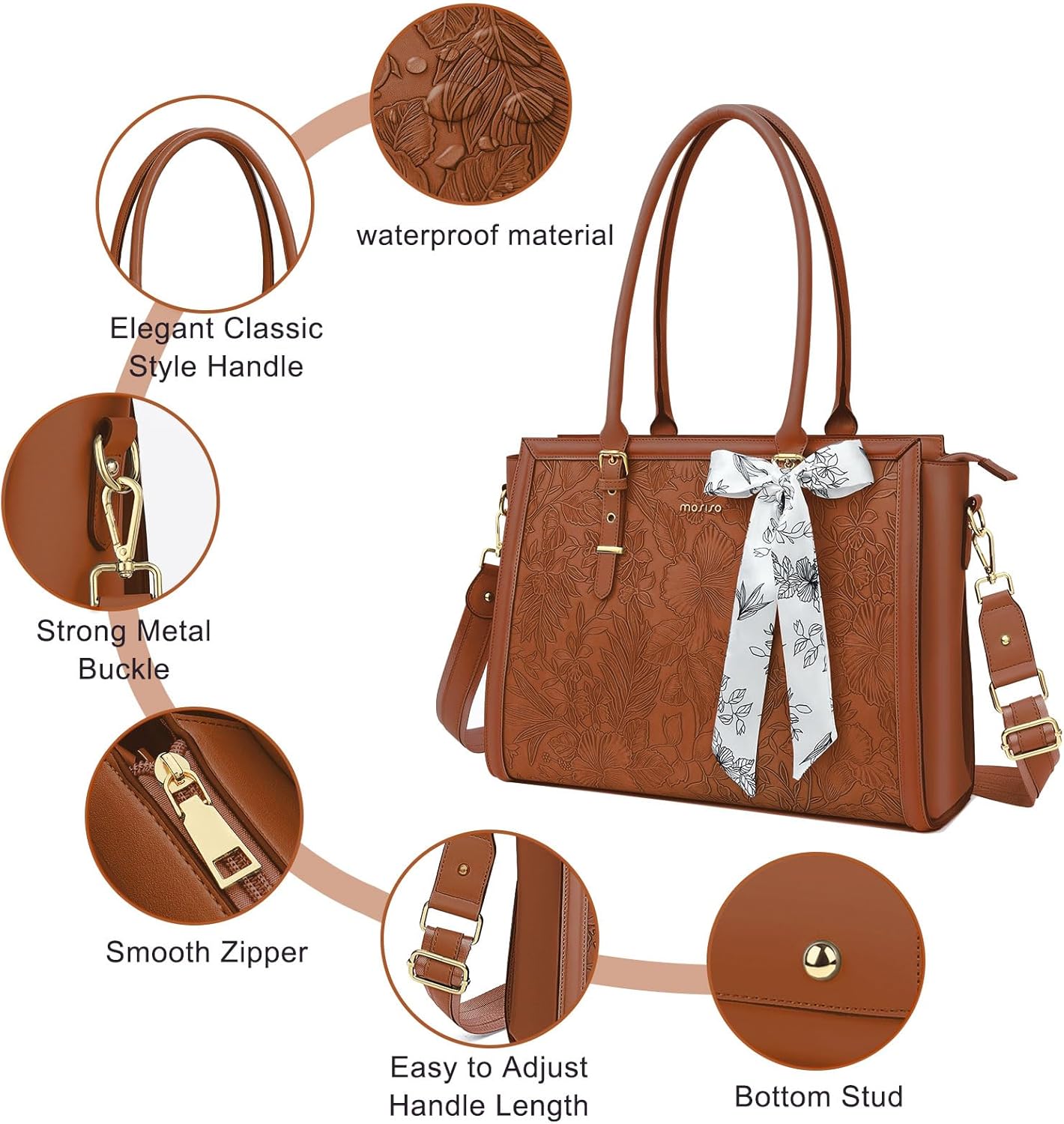 MOSISO Laptop Bag for Women, PU Leather Tote Bag, Front Embossed Retro Hibiscus Computer Bags with Silk Scarf&Clutch Purse