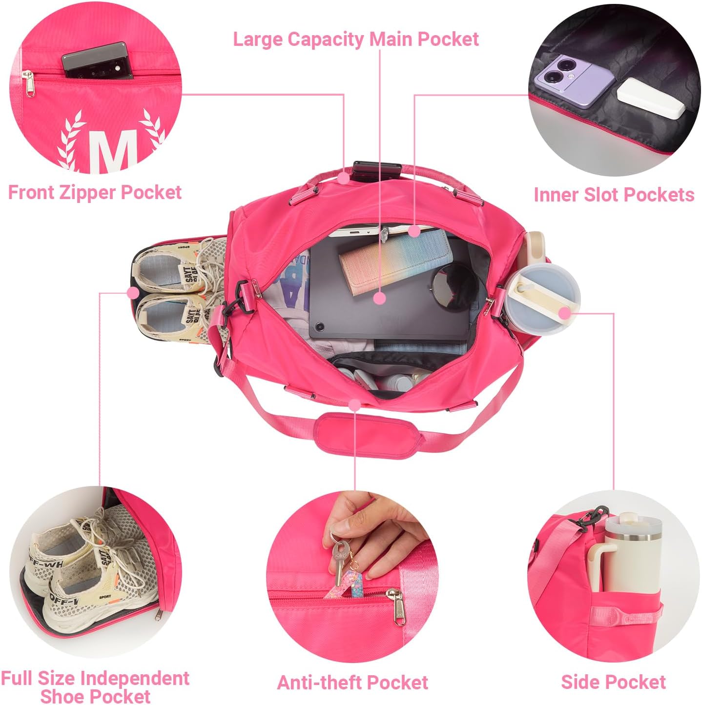 Gym Bag for Women, Personalized Duffle Bag with Shoe Compartment, Sports Bag for Yoga & Dance with