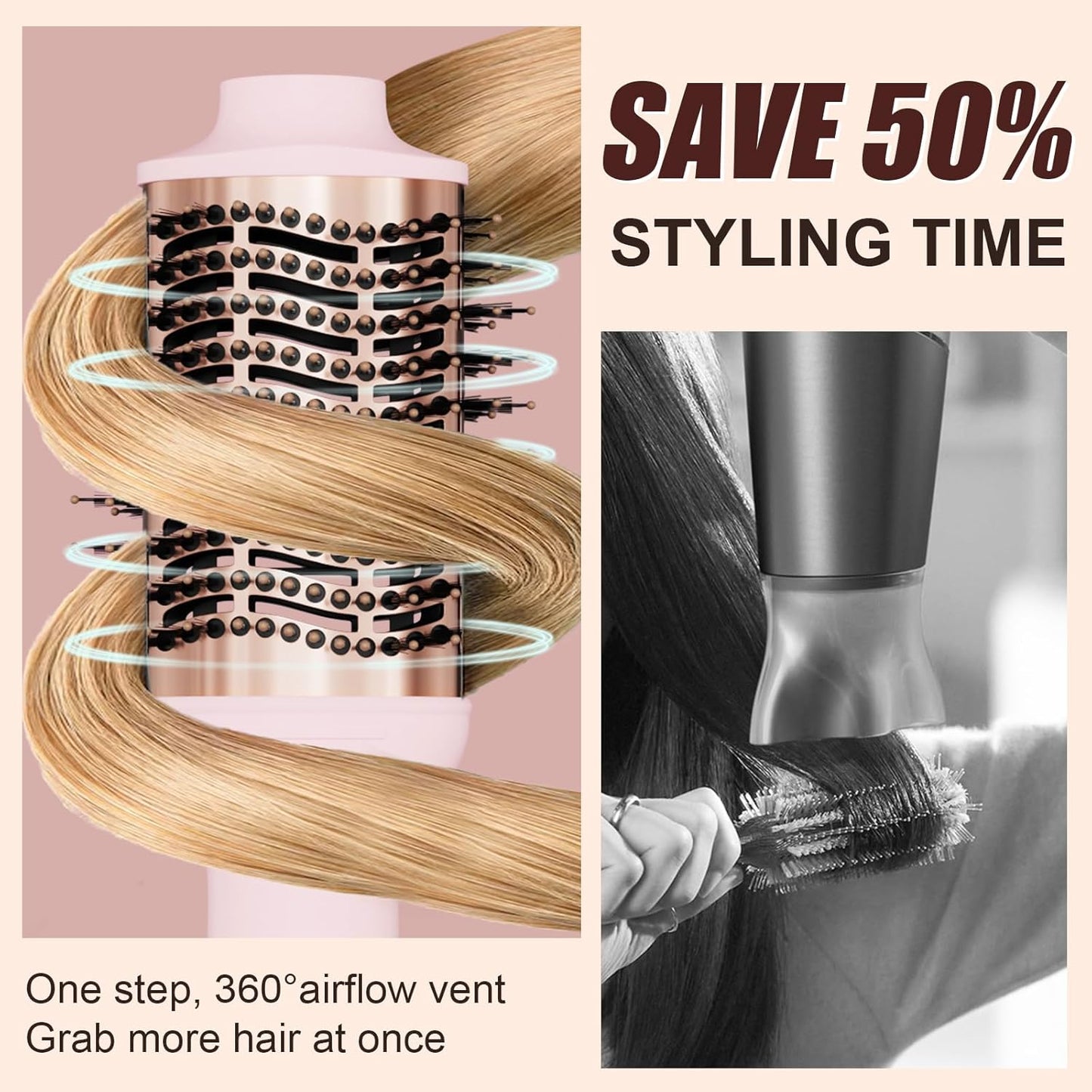Big Size Dual Voltage Hot Air Brush Dryer, 4 in 1 Ionic Blowout Hair Dryer Brush & Styler Volumizer with 75MM Oval Titanium Barrel for Long & Thick Hair
