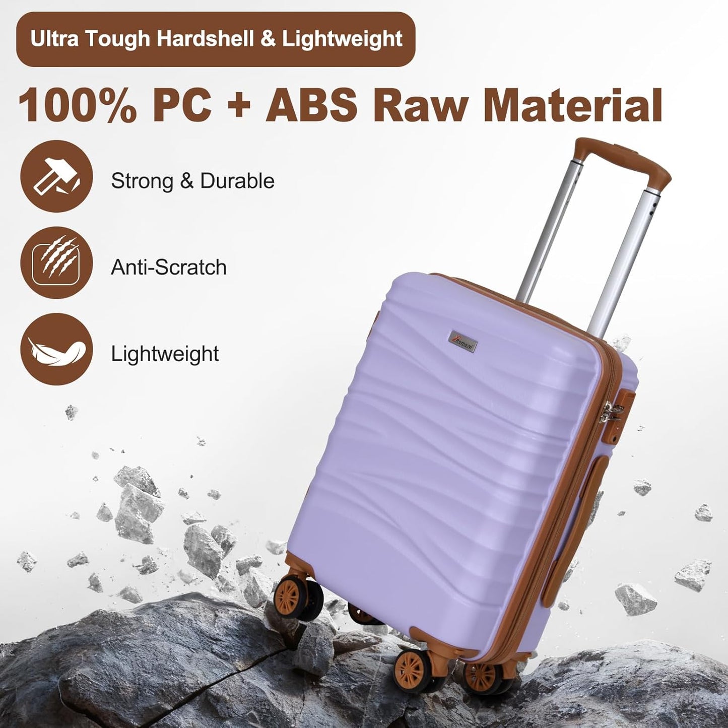 Romswi Luggage Set 3 Piece, Hardside 20 inch Carry On Luggage Airline Approved ABS+PC Suitcase with 22inch Duffel Bags, Purple, Luggage Set (DB/TB/20) with TSA Lock Dual Spinner Wheels