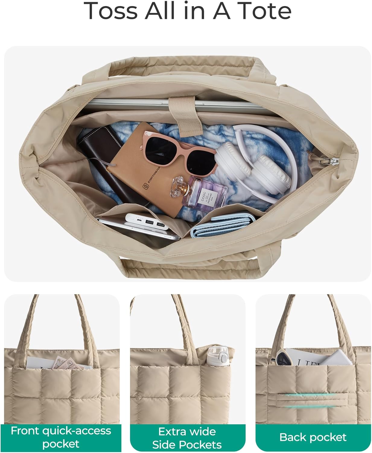 BAGSMART Expandable Tote Bag for Women, Puffer Work Tote Handbag, Quilted Carry-On Travel Gym Bag