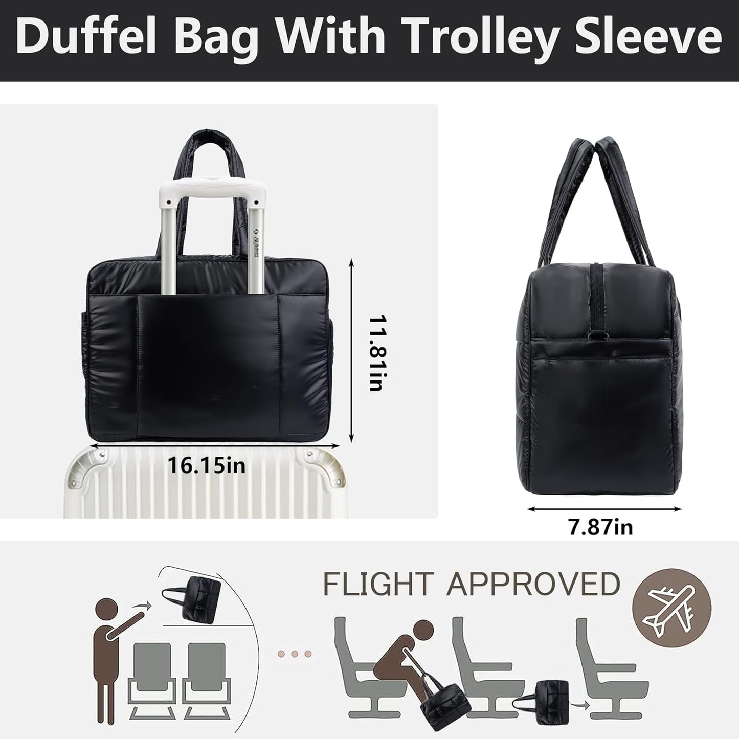 Weekender Fluffy Bag Quilted Nylon Puffer Tote Bag Personal Item Bag for Airlines Overnight Bag Gym Bag