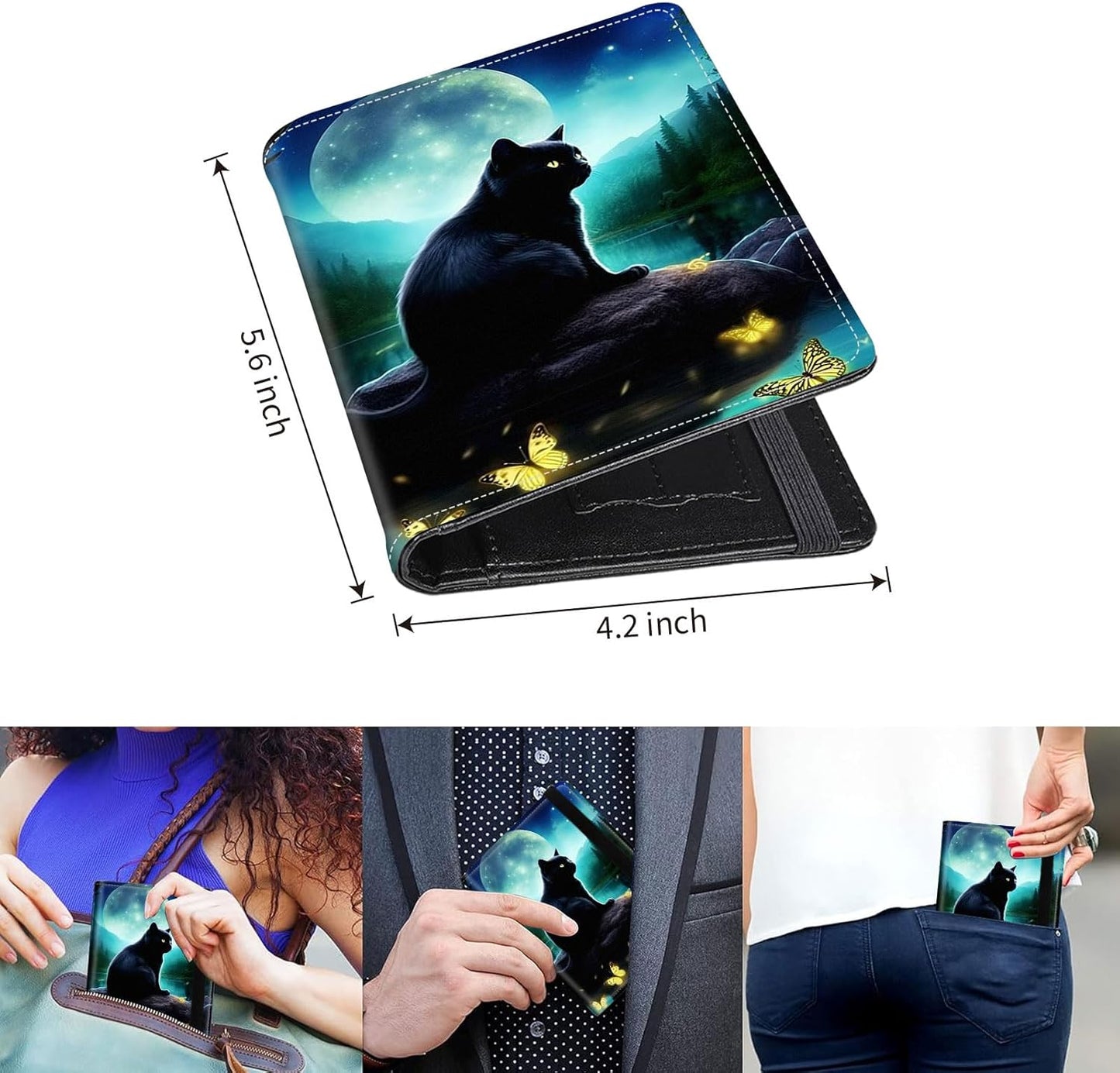 Passport Holder Cover Wallet Travel Essentials RFID Blocking Case Leather Passport Cover Wallet Vaccine Card Slot Organizer for Men Women, Night cat