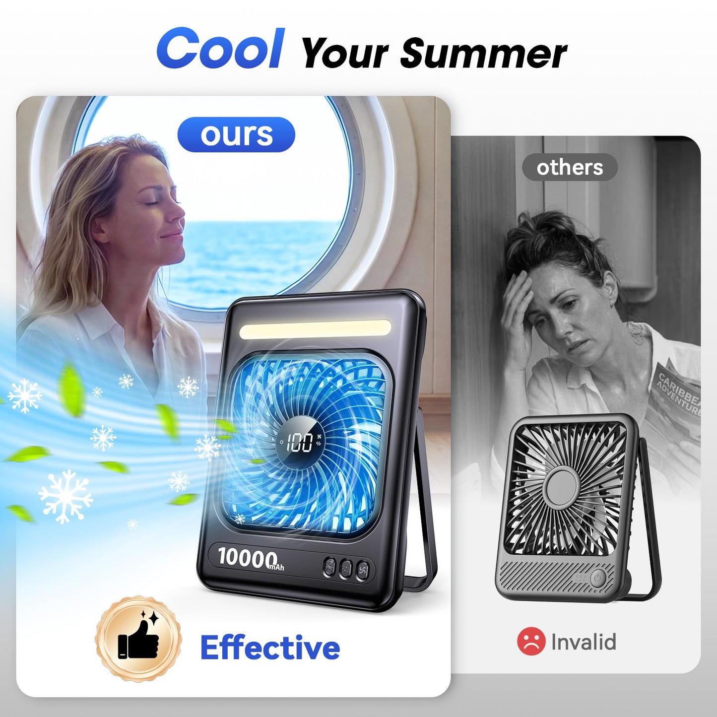 10000mAh Portable Travel Fan, 5 Speeds Strong Wind Cruise Fan with LED Lantern, 24H Runtime