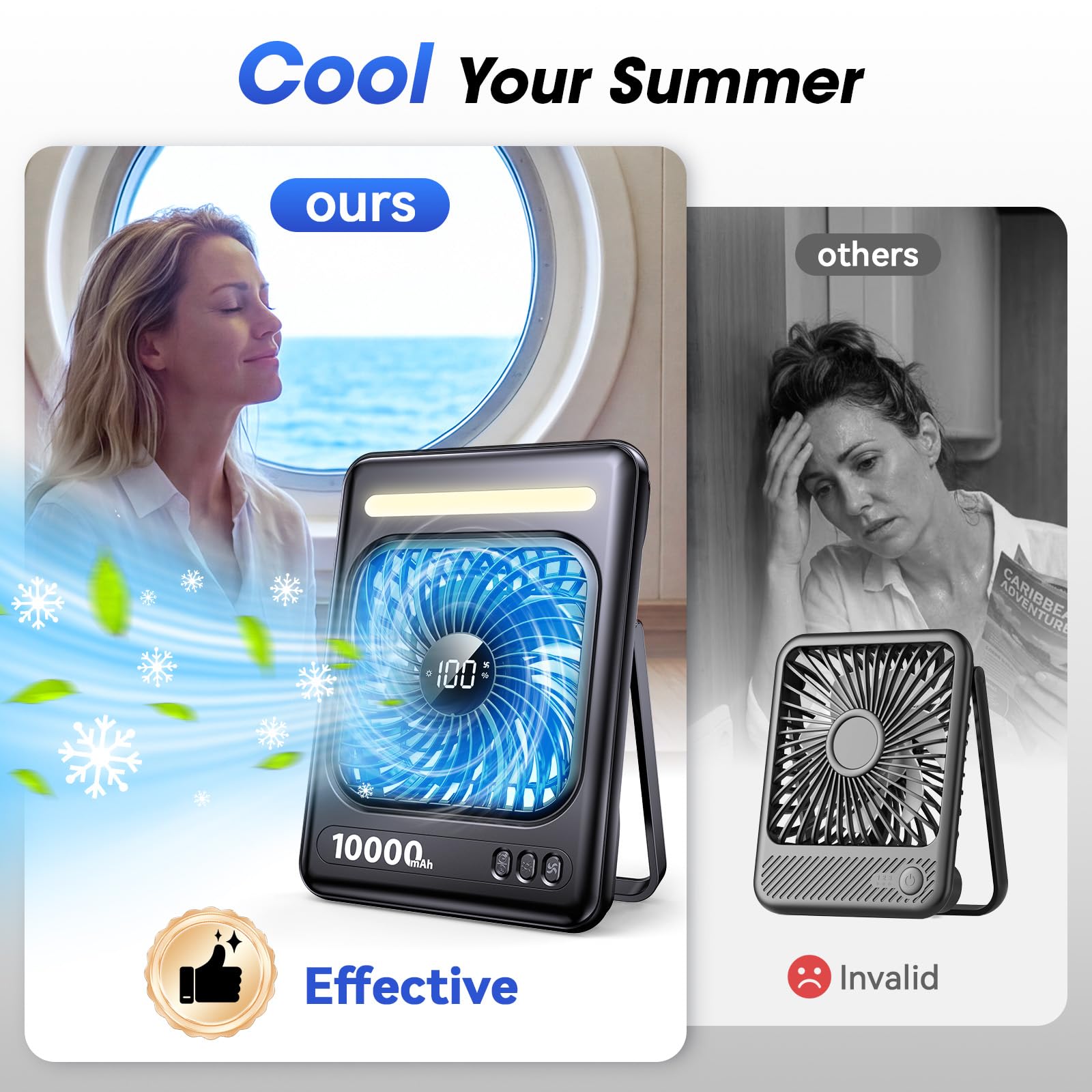 10000mAh Portable Travel Fan, 5 Speeds Strong Wind Cruise Fan with LED Lantern, 24H Runtime