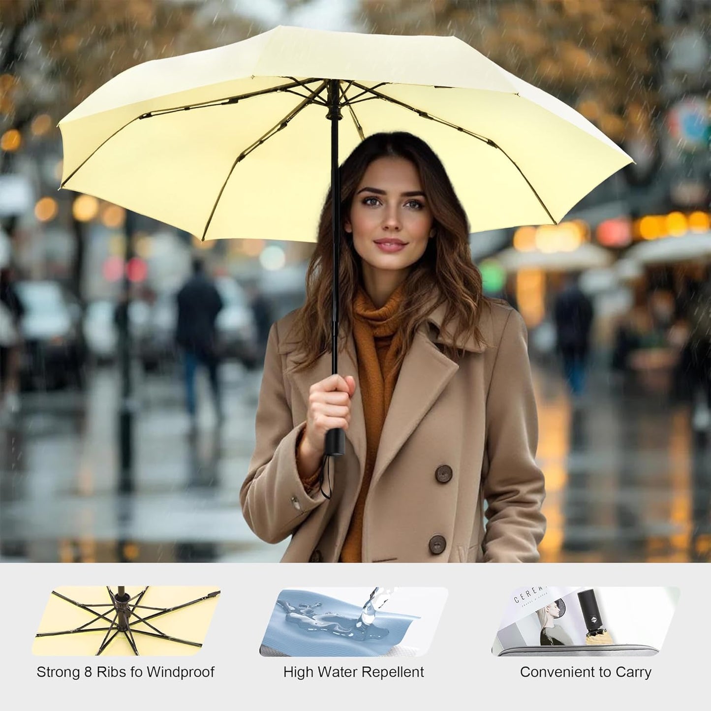 SoulRain Travel Umbrella - Compact Umbrella for Rain - Perfect Large Auto Folding Umbrella - Ideal