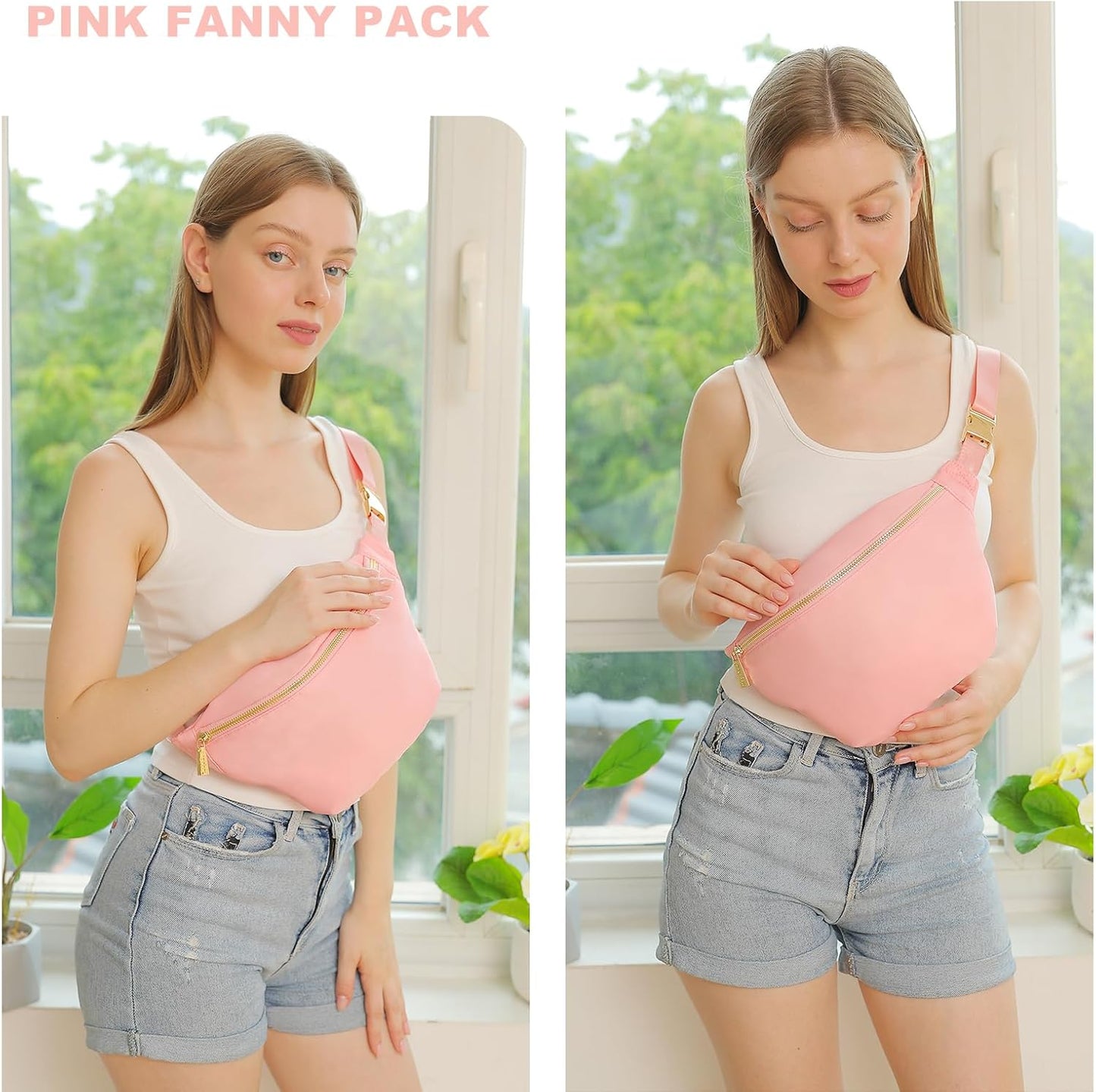 Fanny Pack Women Waist Pack Bag Pink Belt Pack Travel Crossbody Bag for Women Nylon (Pink)
