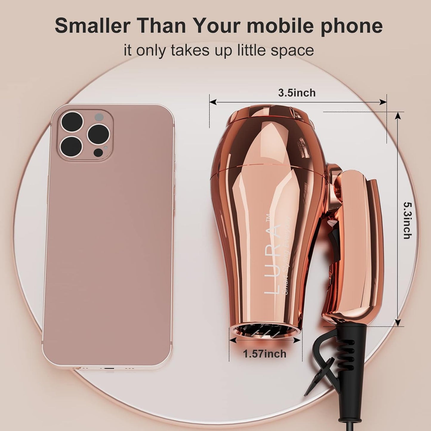 LURA Mini Portable Travel Hair Dryer:Dual Voltage Small Lightweight Blow Dryer with EU Plug,1200W Compact Hairdryer with Folding Handle,with Concentrator&Diffuser Attachment,for Women and Men