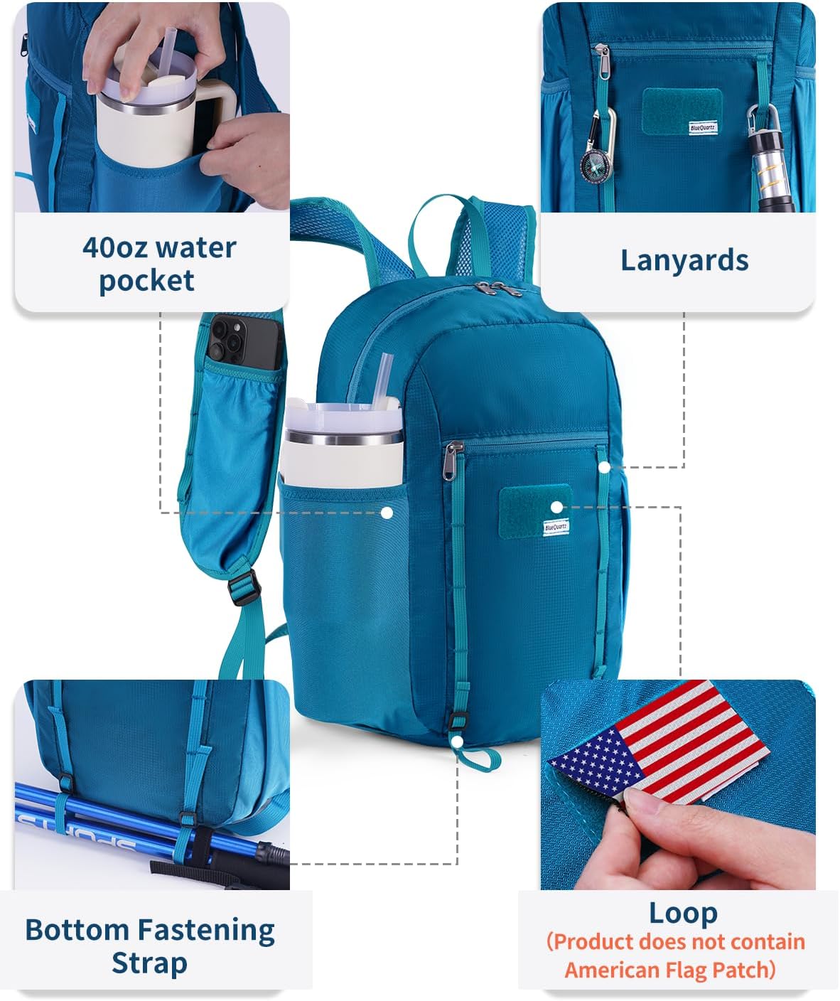 Blue Quartz 15L Hiking Backpack with Soft Flask, Ultralight Hiking Daypack with Chest Pockets for Women Men, Lightweight Foldable Packable BackPack With Chest Strap (patent pending)