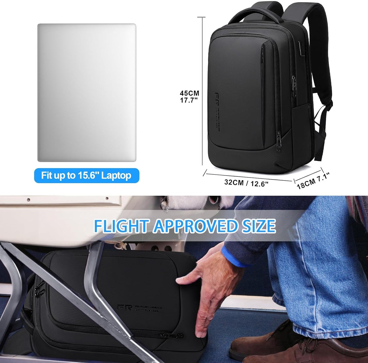 FENRUIEN 15.6 Inch Laptop Backpack, Slim Business Backpack with USB Charging Port, Water Resistant Computer Backpack for Work/Travel, Black