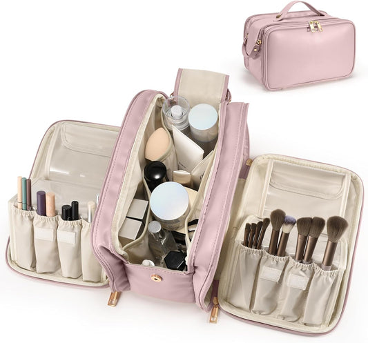 Travel Makeup Bag Women's Large Capacity Cosmetic Portable Organizer Large Opening Waterproof Storage Toiletry Bags Vertical Free-Standing Brush Holder for Easy Access Pink