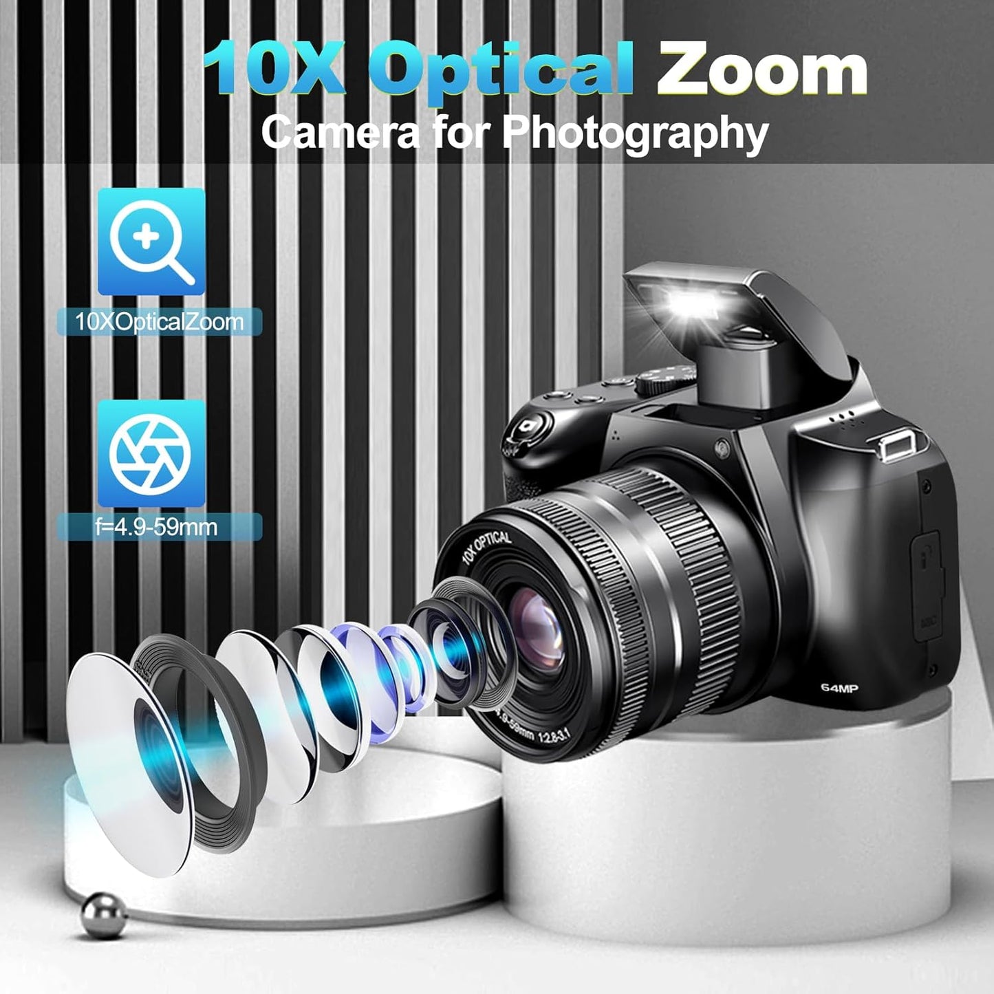 4K Digital Camera for Photography with WiFi, 10X Optical Zoom Vlogging Camera for YouTube 64MP Autofocus Compact Camera with 64GB SD Card 2 Batteries, USB Card Reader & Charging Stand
