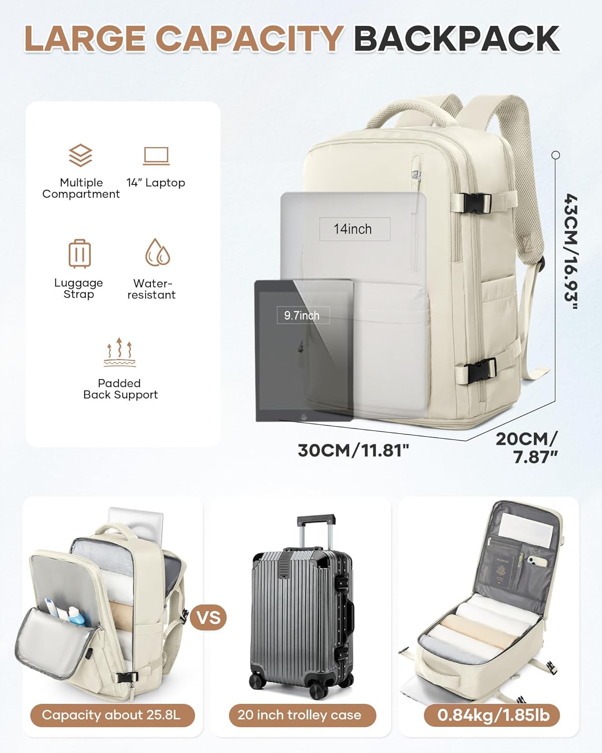 WONHOX Large Travel Backpack Carry on Flight Approved Laptop Work Business Backpack for Women Men