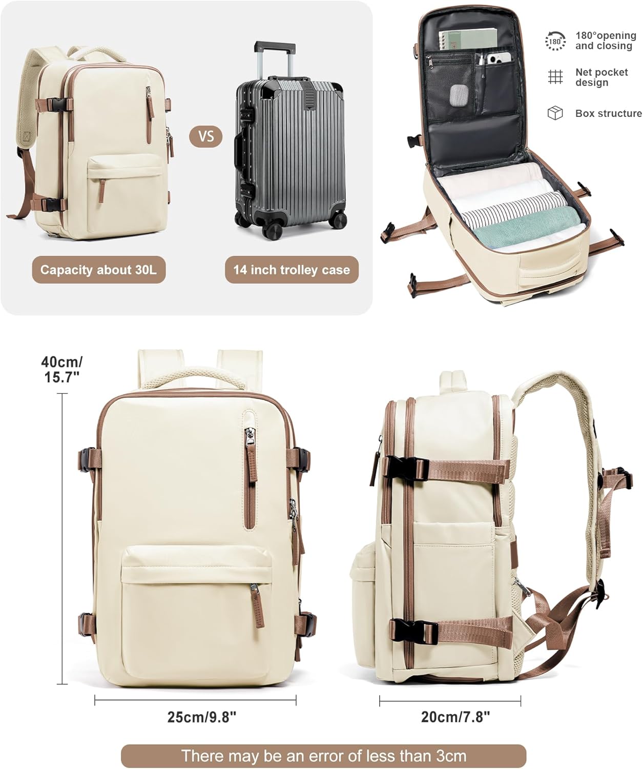 VGCUB Travel Backpack for Women Men for Spirit Airlines Personal Item Bag 18x14x8 Inches Laptop College Backpack,Waterproof Carry on Flight Approved Work Backpack Mochila de Viaje,Beige brown