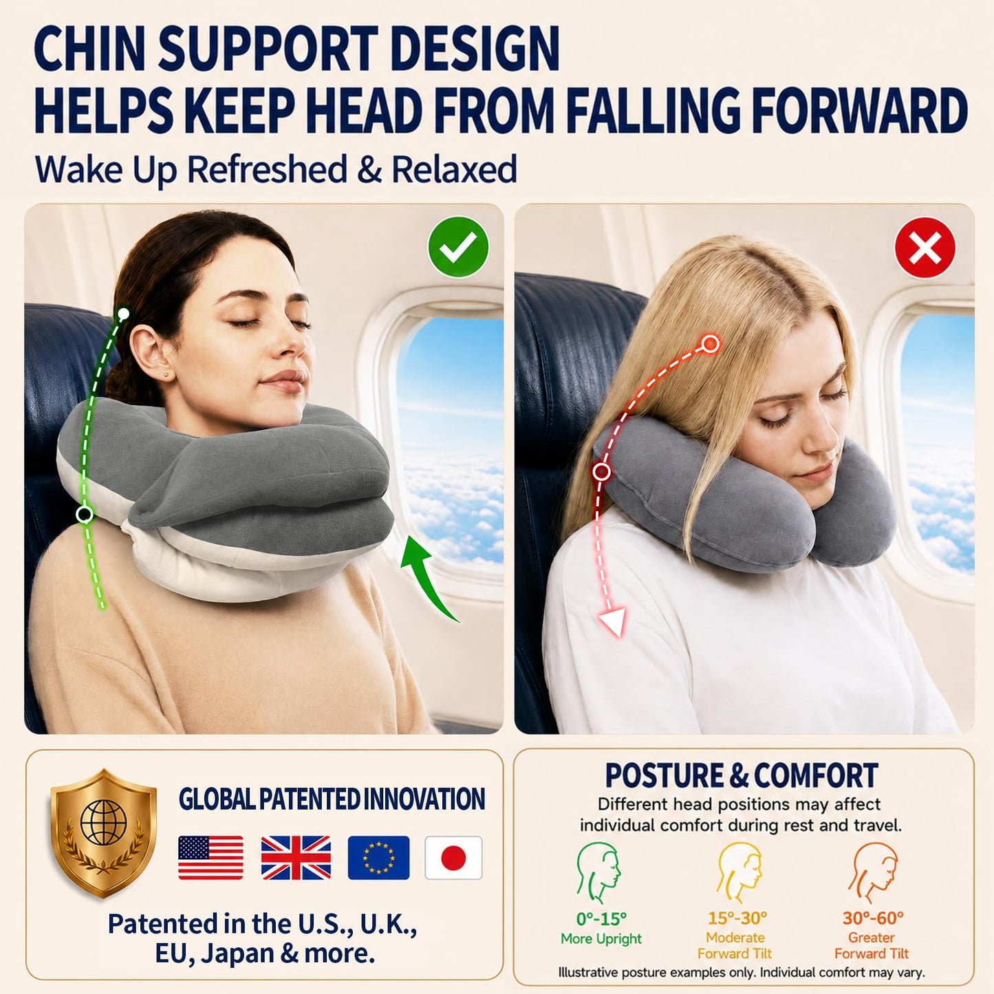 BUYUE Travel Neck Pillows for Airplanes, Memory Foam 360° Head Support Sleep for Long Flight