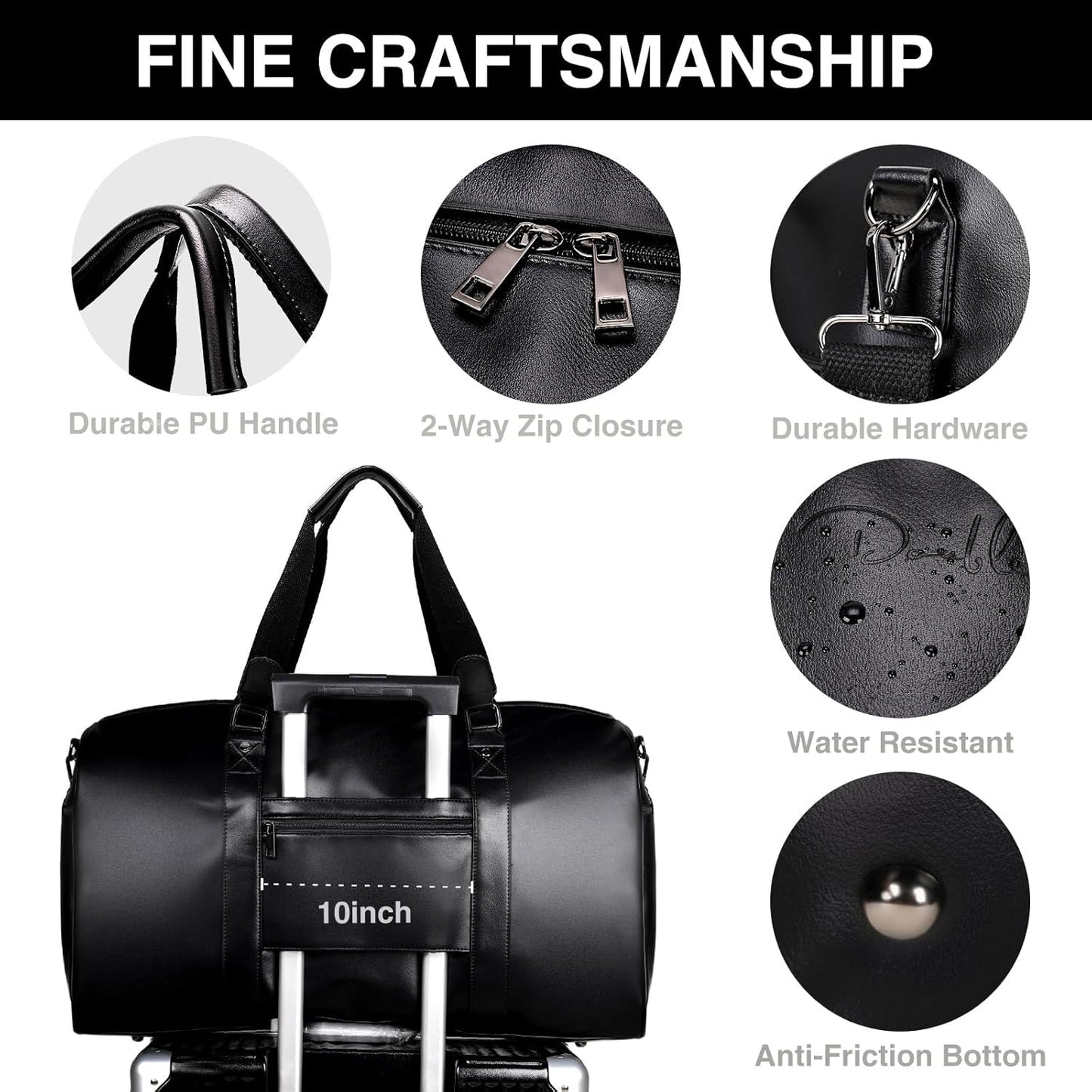 3-in-1 Leather Duffle Bag with Toiletry and Shoe Compartment, Weekender Overnight Gym Bag for Men and Women, Carry On Fits Most 15.6 Inch Laptops(Black)