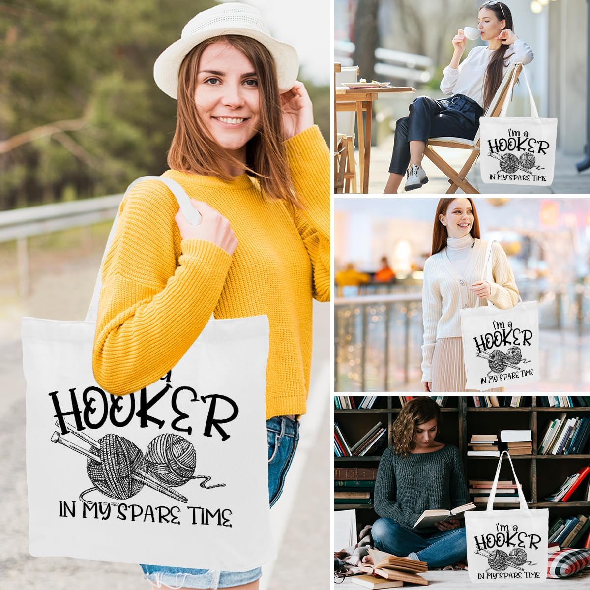 Crochet Knitting Humor Yarn Gifts Canvas Tote Bag, Reusable Grocery Shopping Bags for Crocheters Christmas