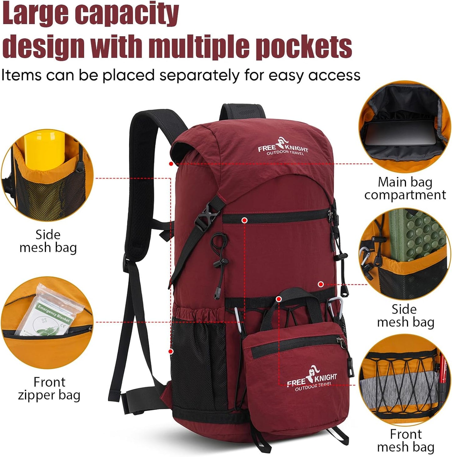 Bseash 30L Lightweight Hiking Backpack, Outdoor Sport Waterproof Travel Bag Daypack for Cycling Climbing Skiing (Red)